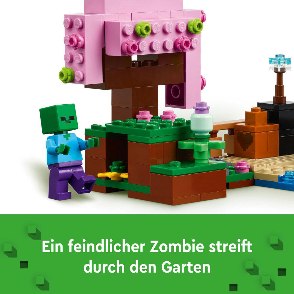 Eine Lego-Szene mit einer grünen Zombie-Figur in einem Garten, mit rosa und braunen Lego-Strukturen.
