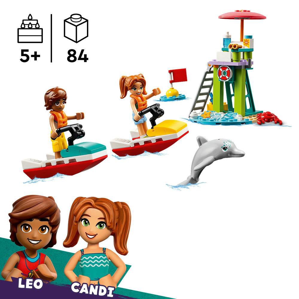 Lego-Set mit einer Rettungsschwimmerstation, zwei Booten mit Personen und einem Delphin. Für Kinder ab 5 Jahren.