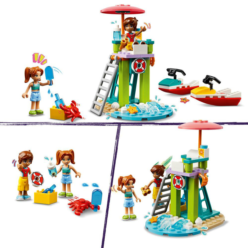 LEGO Friends-Set zeigt einen Rettungsturm, Wasser und spielende Figuren. Es gibt kleine Boote und ein Krabbenspielzeug.