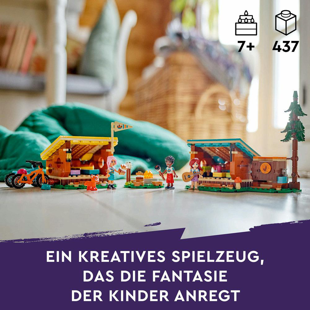 Lego-Set mit einer Hüttenszene und Figuren. Text: Ein kreatives Spielzeug, das die Fantasie anregt.