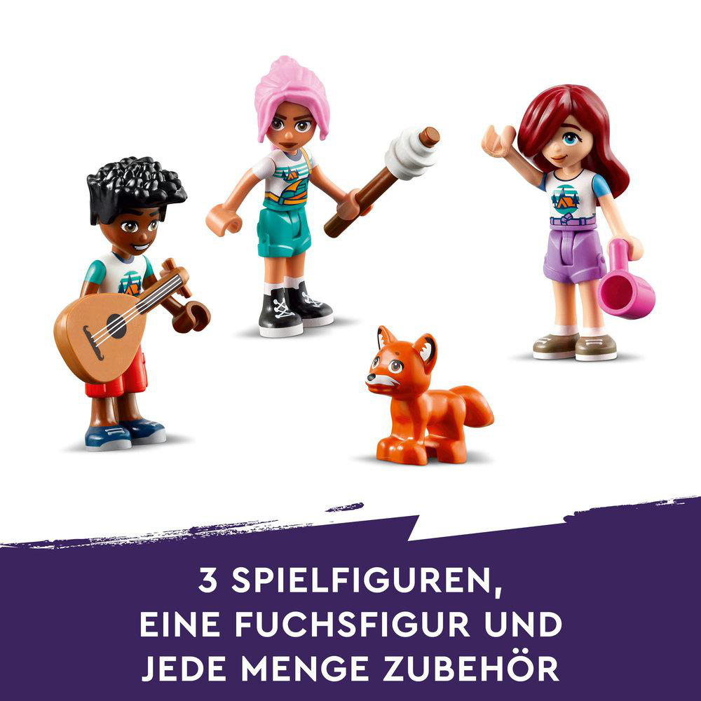 Drei Lego-Figuren und ein orangefarbener Fuchs. Der Text lautet 