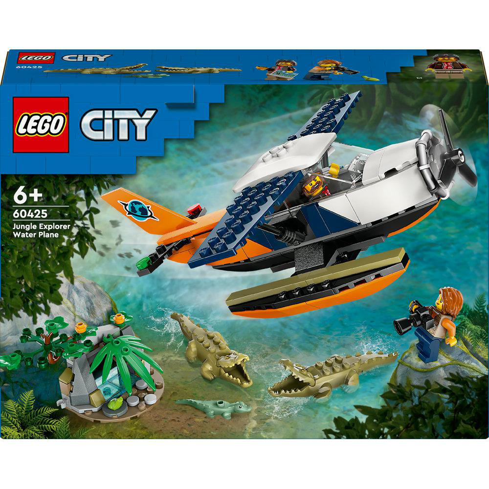 Ein Lego City Set mit einem Wasserflugzeug, Krokodilen und einer Dschungelumgebung.