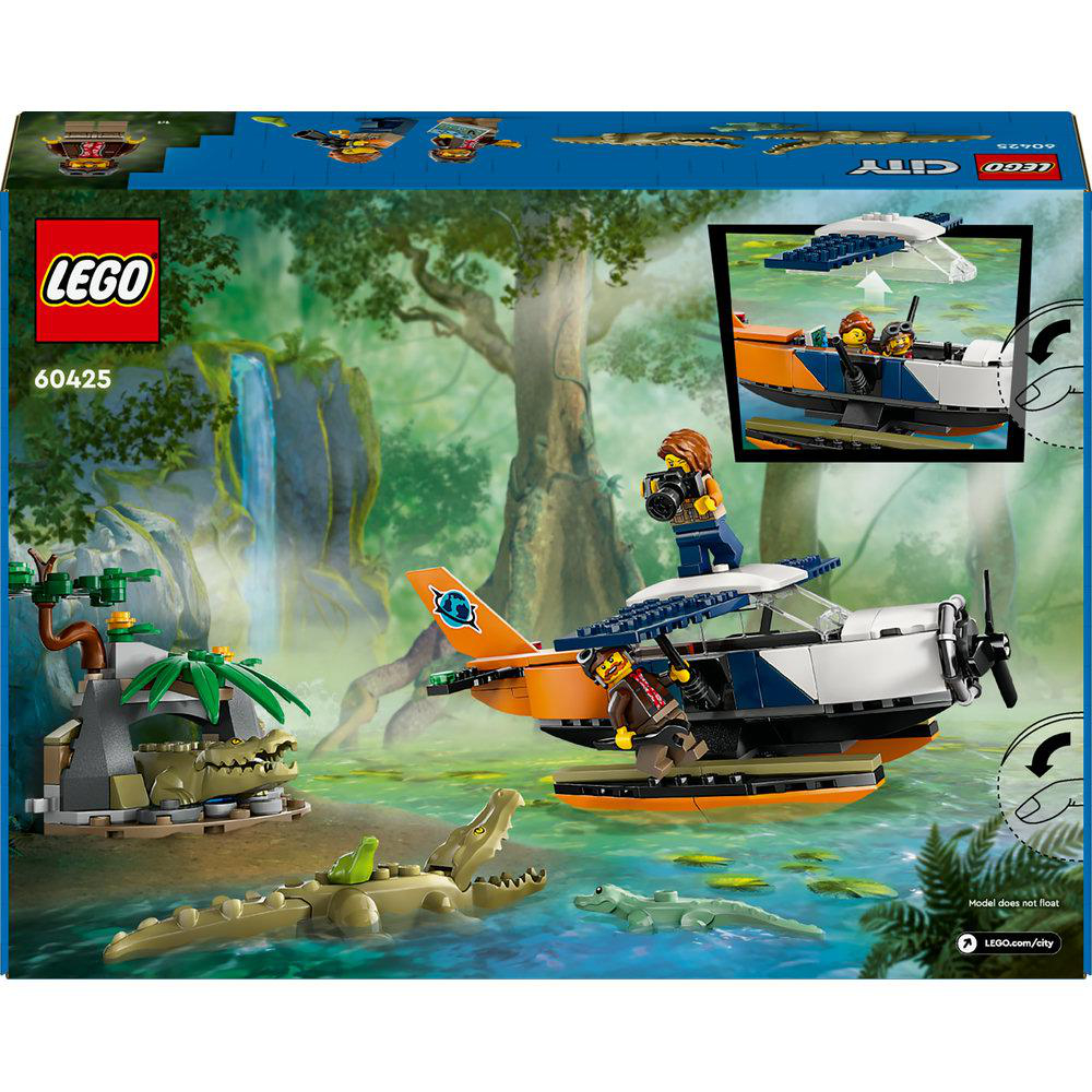 LEGO-Set-Box mit einem Wasserflugzeug auf dem Wasser mit Figuren von Menschen und Krokodilen. Der Hintergrund ist Dschungel.