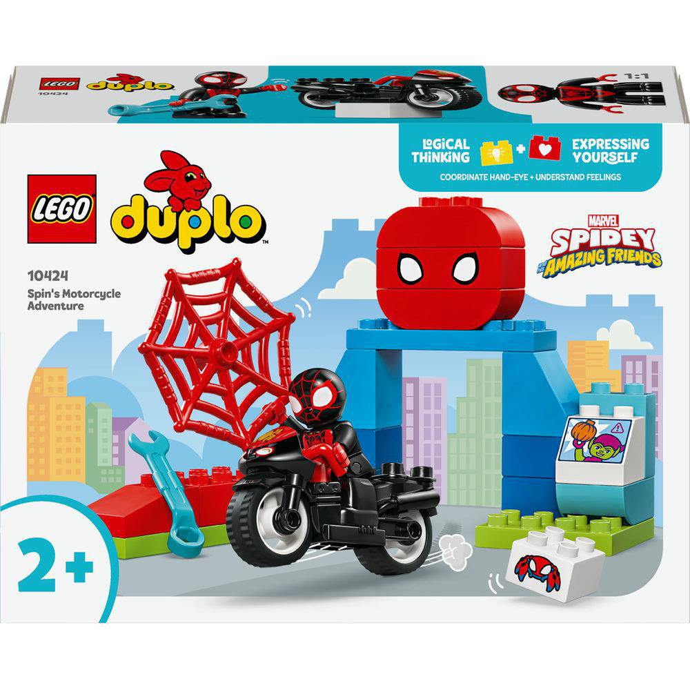 Lego Duplo Set. Spidey auf einem Motorrad, mit Bausteinen, einem Spinnennetz und einem Schraubenschlüssel.