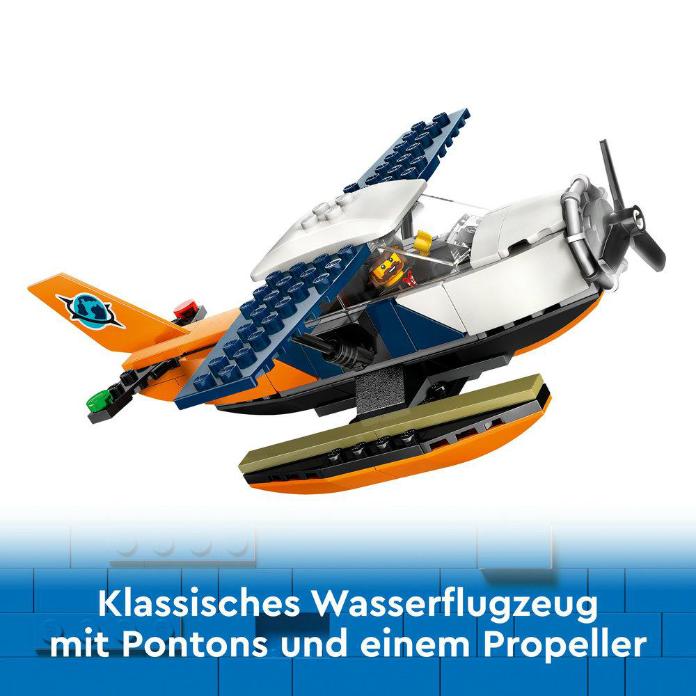 Ein Lego Wasserflugzeug-Spielzeug mit orange und blauen Farben.