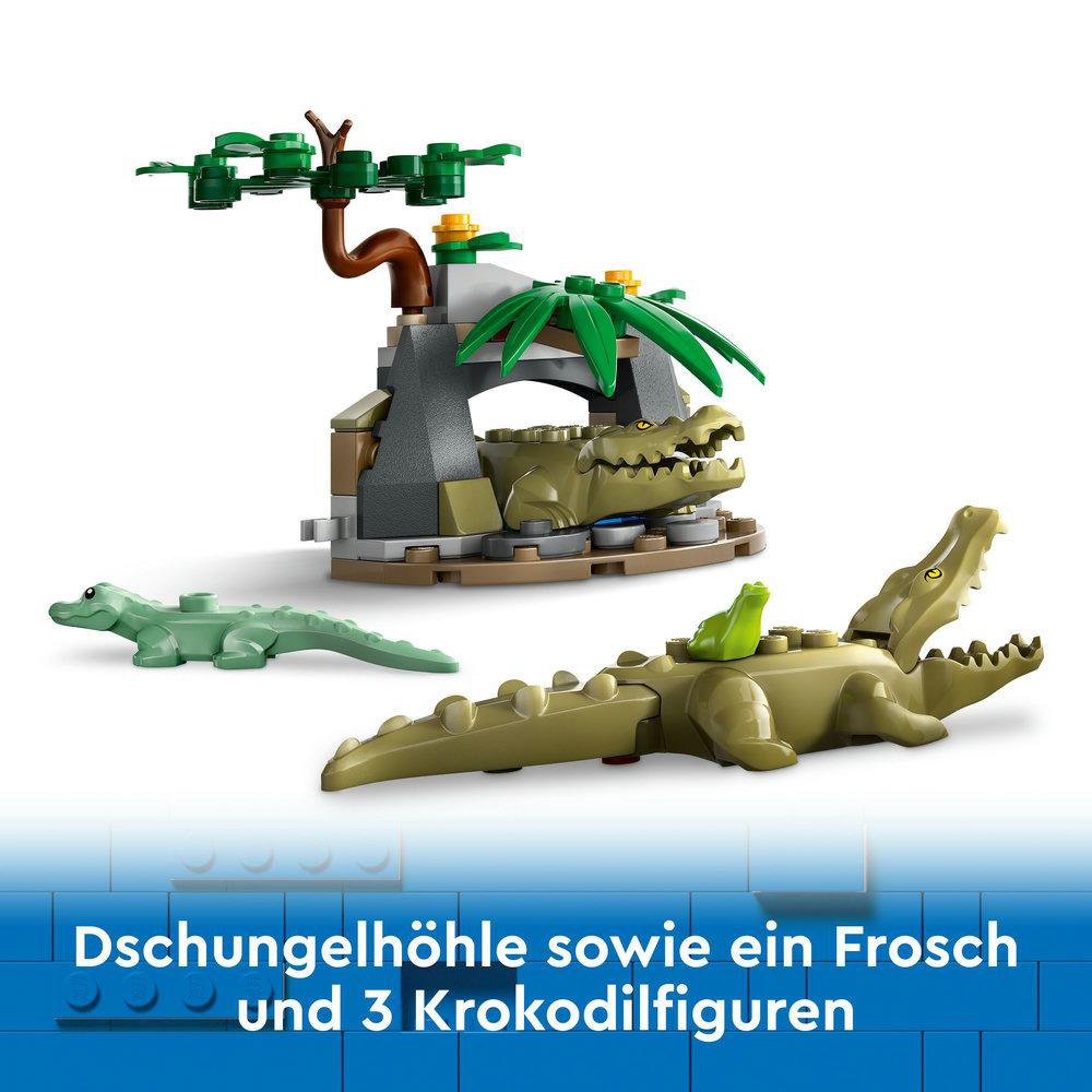 LEGO-Set mit Krokodilen und einem Frosch in einer Dschungelumgebung. Mehrere grüne Figuren.