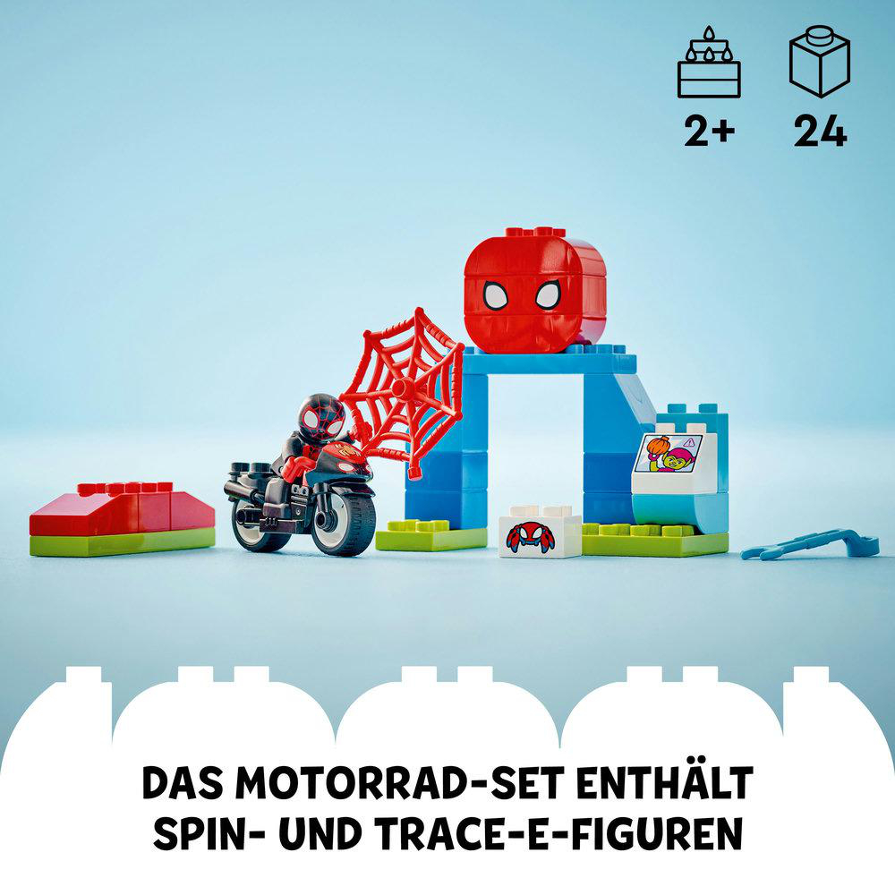 LEGO Duplo Set mit einem Spiderman-Motorrad und einem Gebäude mit rotem Spinnennetz. Andere Blöcke sind vorhanden.