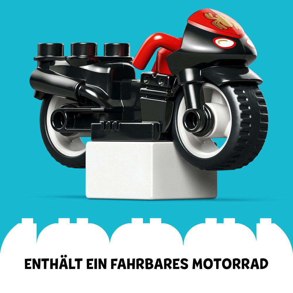 Schwarzes und rotes Lego-Motorrad auf weißer Basis. Text: enthält ein fahrbares Motorrad.