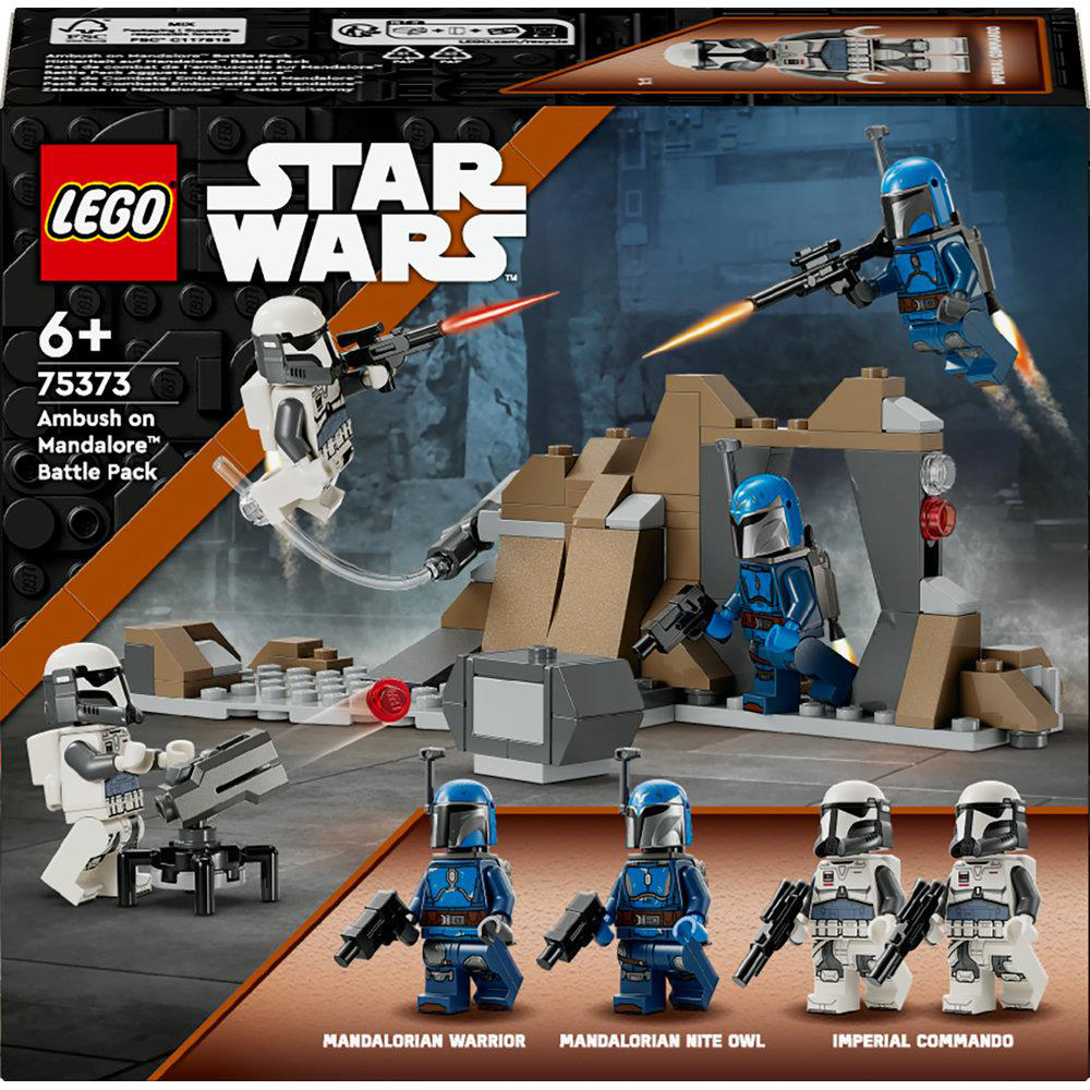 LEGO Star Wars Set-Box mit Figuren und einer Szene. Enthält Mandalorianer und imperiale Figuren. Schwarzer Hintergrund.