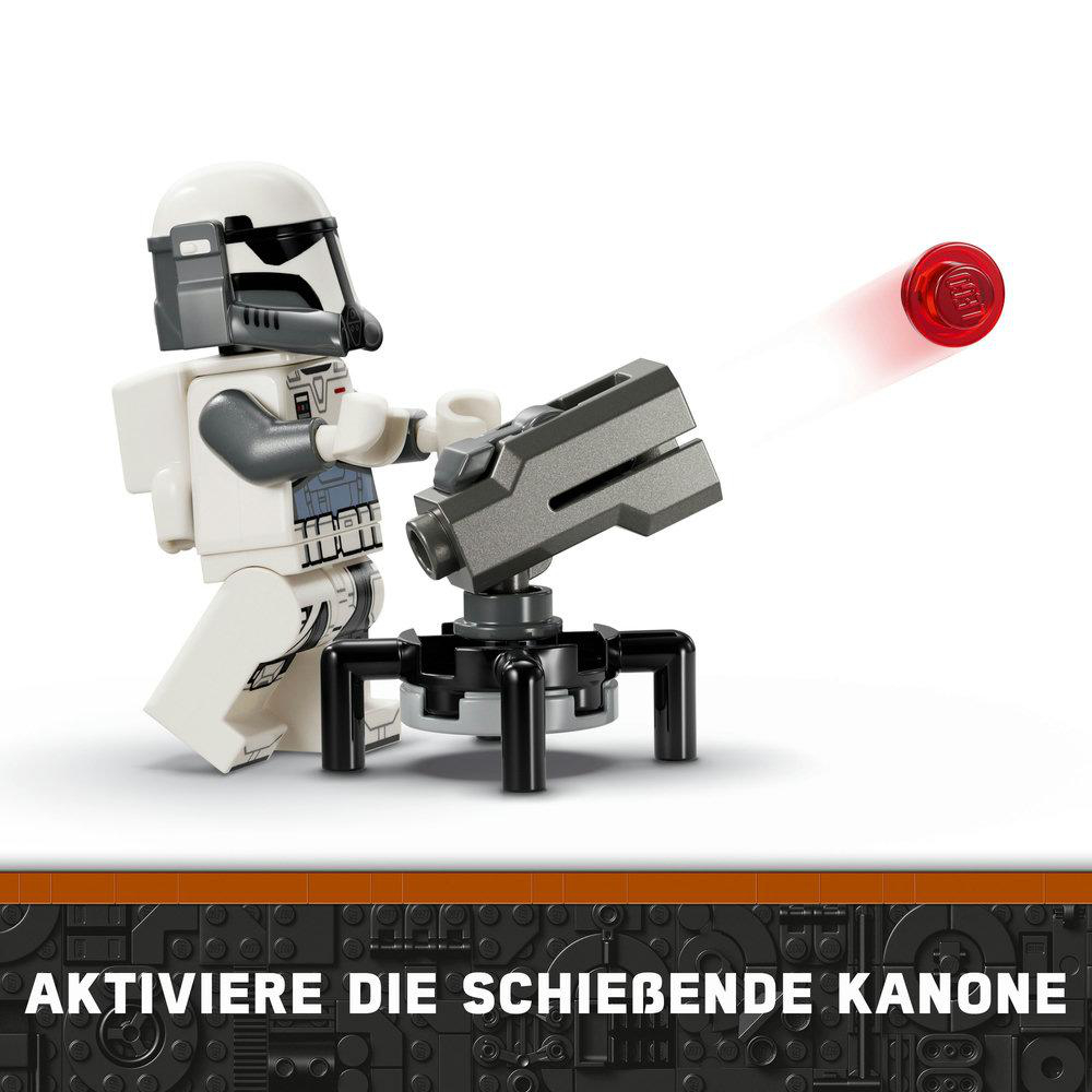 Eine Lego-Figur, die einen Stud aus einer Kanone abfeuert, vor schwarzem Hintergrund und Lego-Basis.