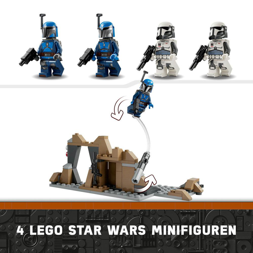 Lego Star Wars Set mit Mandalorianer Figuren. Enthält eine Szene mit Struktur und Figuren in Aktion.