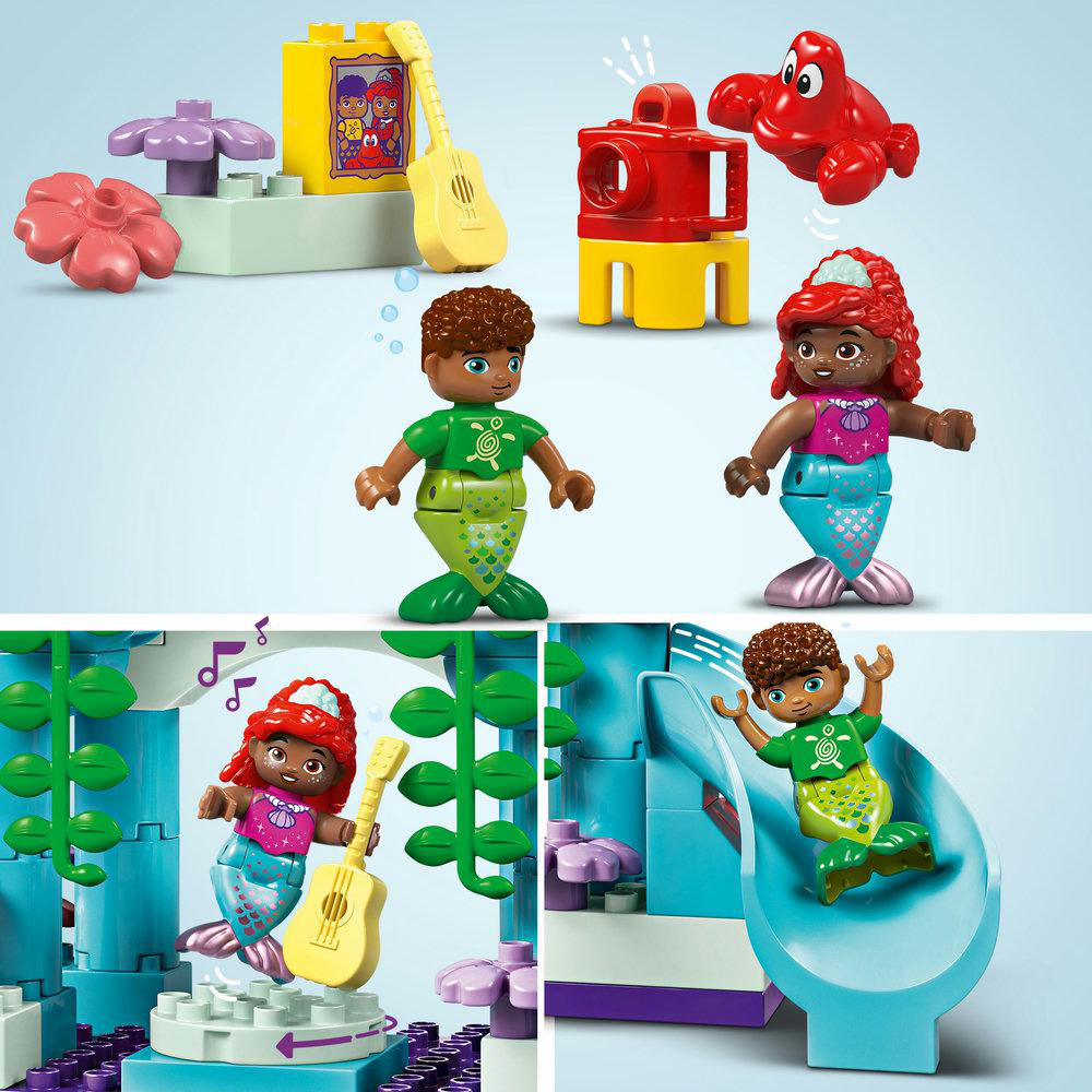 LEGO Duplo Set mit Meerjungfrauenfiguren, Rutsche und Zubehör. Cartoonstil und leuchtende Farben.