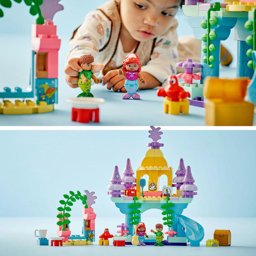 LEGO Duplo-Set mit Meerjungfrau-Figuren und einem Schloss. Zwei Bilder, eines mit spielendem Kind.