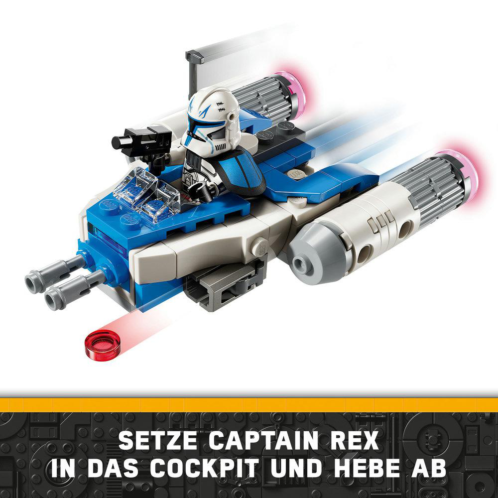 Ein Lego-Raumschiff mit einer Captain Rex-Figur darin, vor einem blau-weißen Hintergrund.