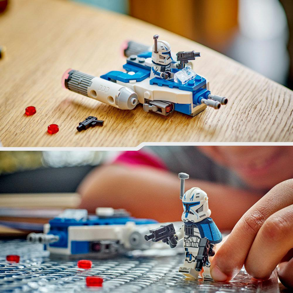 Zwei Bilder: Lego Star Wars Set. Ein blaues und weißes Fahrzeug mit einer Figur und eine Minifigur mit Waffe.