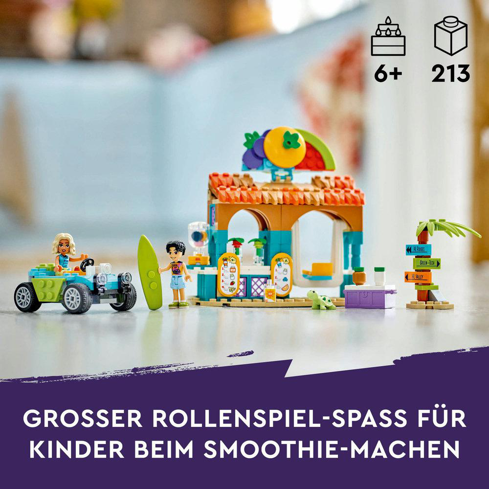 LEGO Friends Set. Strandszene mit Auto, Figuren und Zubehör. Weißer Hintergrund.