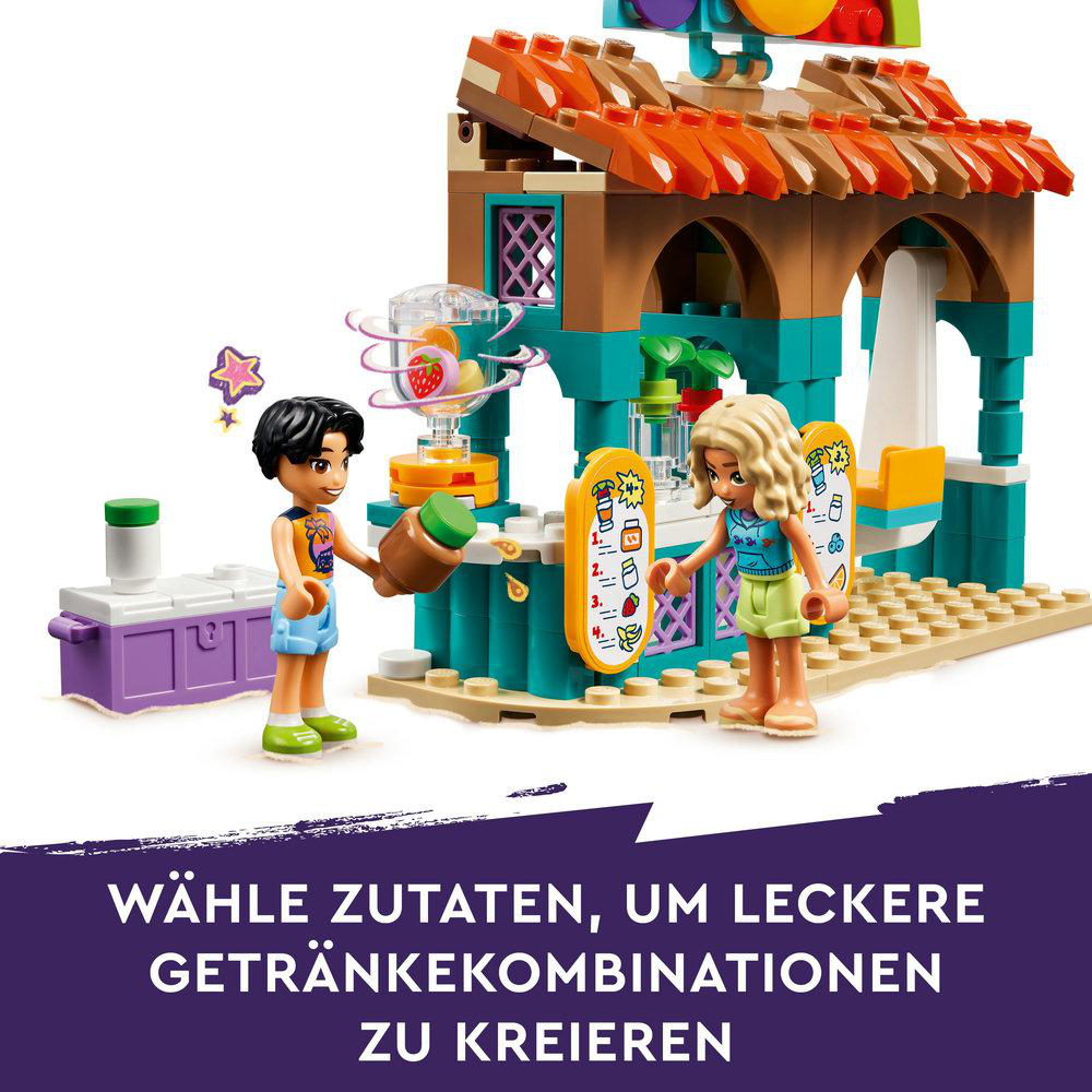 Lego-Set mit zwei Figuren an einer Saftbar, die bunte Getränke mit verschiedenen Zutaten zubereiten.