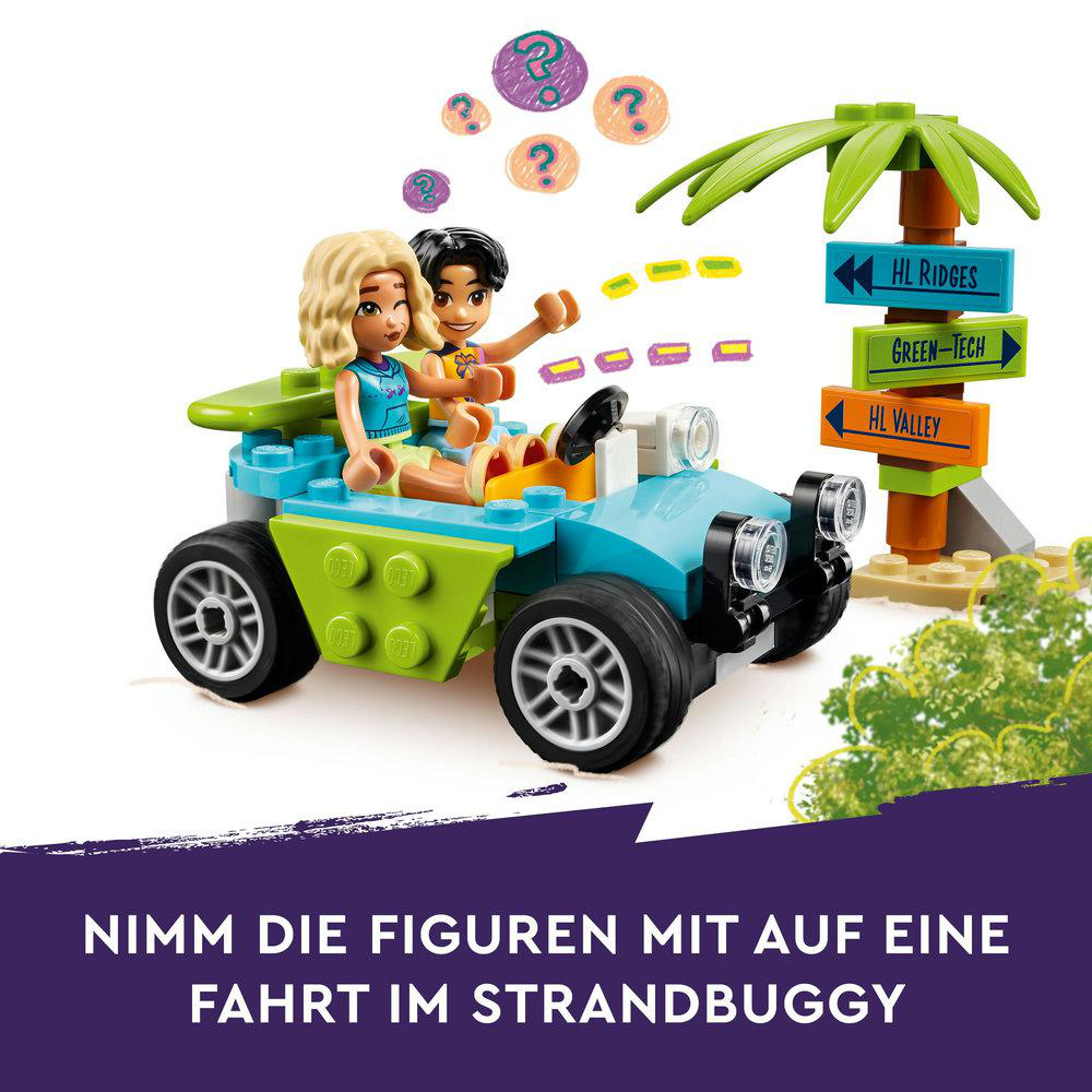 Zwei Lego-Minifiguren fahren in einem blau-grünen Strandbuggy.