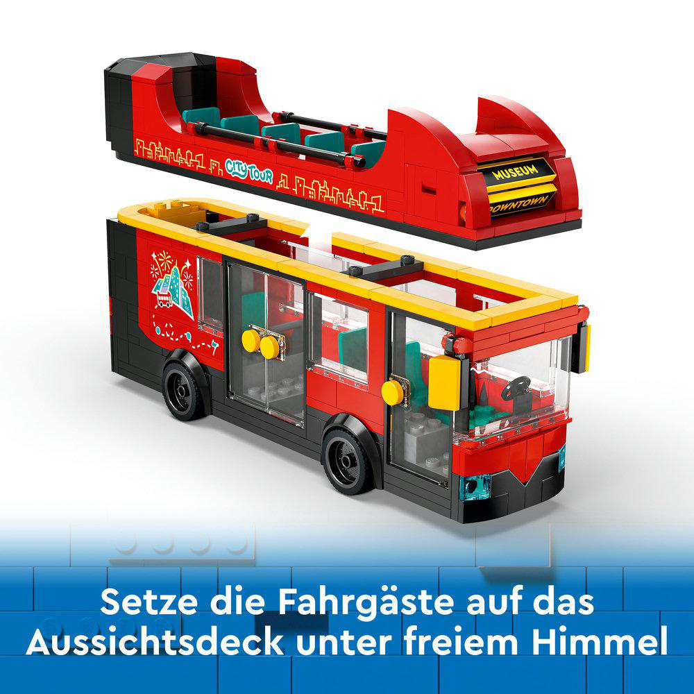 Lego City Touristenbus und Aussichtsplattform-Set, rot und gelb, mit Figuren.