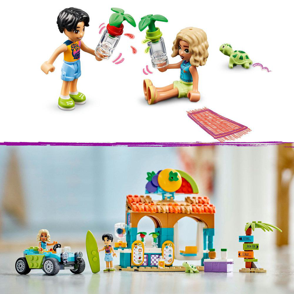 Zwei Lego-Szenen auf weißem Hintergrund: Figuren spielen mit Lego, eine Lego-Strandszene.