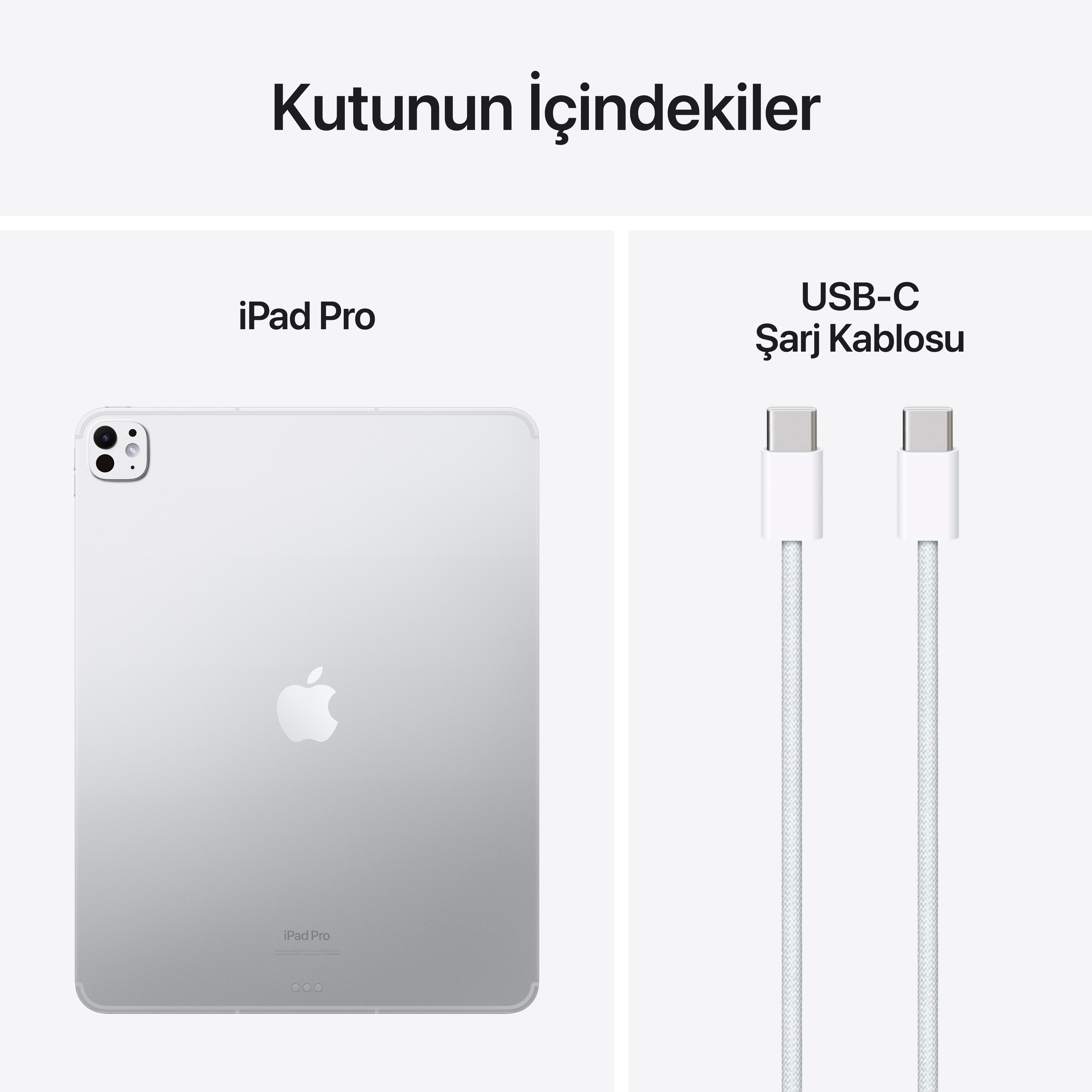 iPad Pro ve USB-C kablosu, Türkçe metinle: Kutunun İçindekiler, iPad Pro, USB-C Şarj Kablosu.