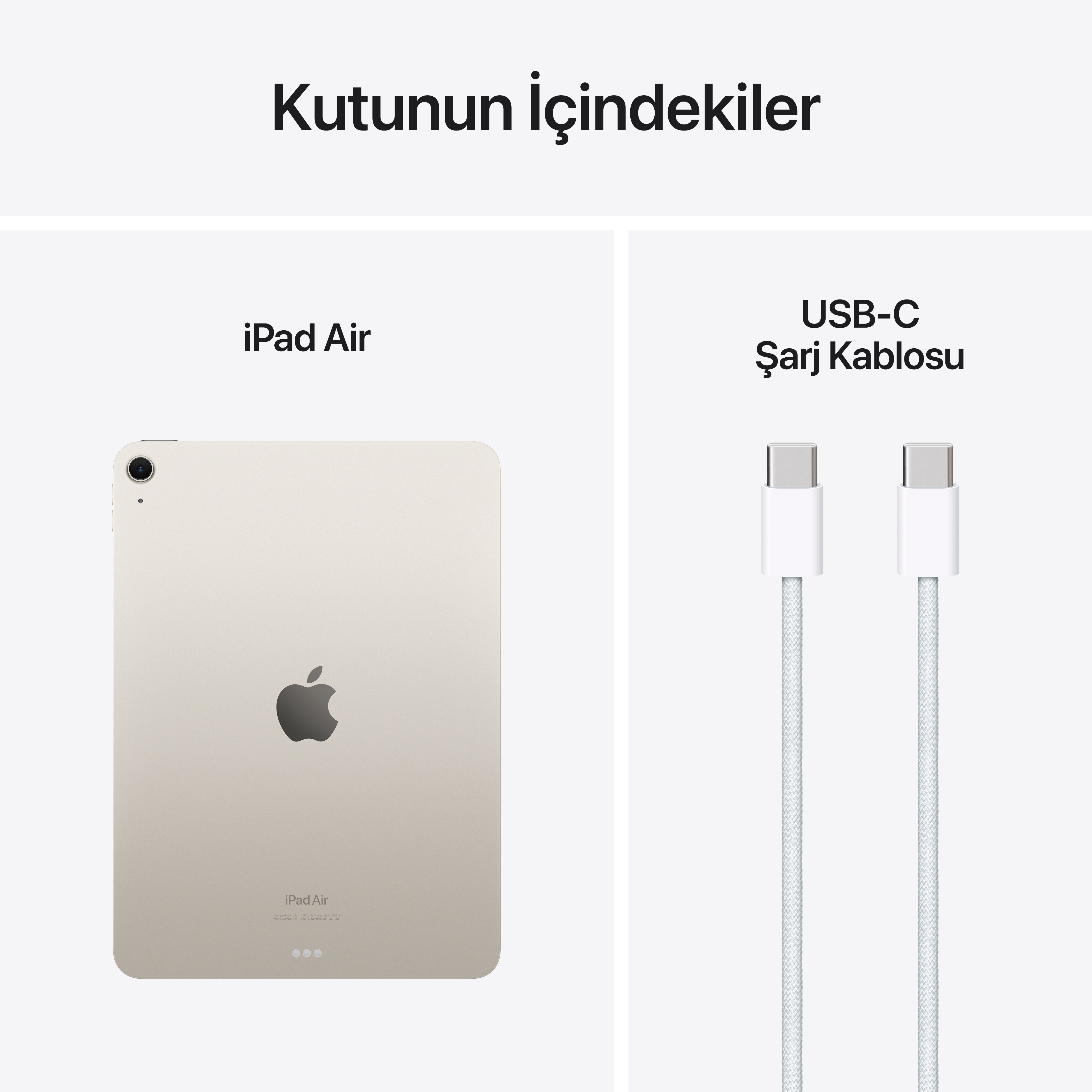 iPad Air ve bir USB-C şarj kablosu, beyaz bir arka plan üzerinde yan yana.