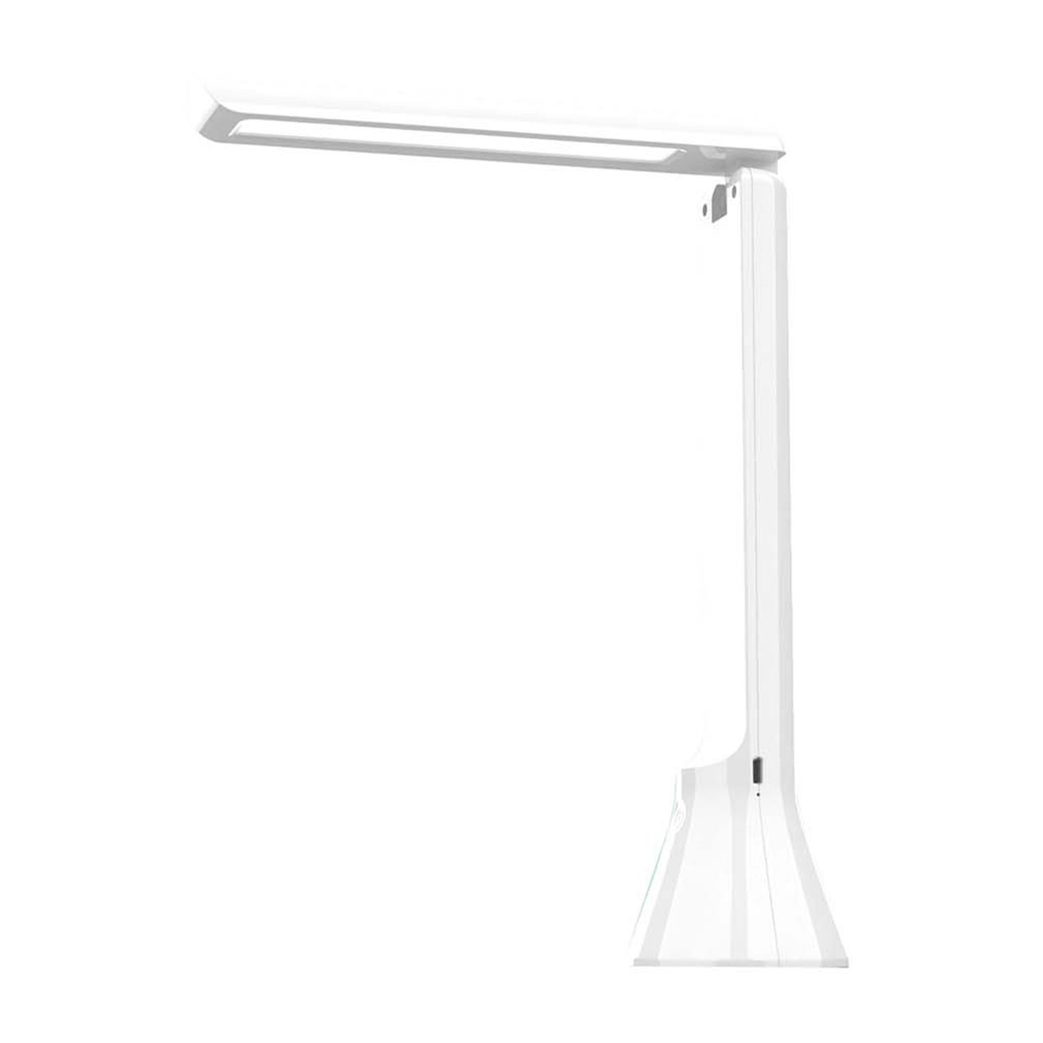 Lampada da scrivania bianca, dall'aspetto moderno, su sfondo bianco, con una sorgente luminosa rettangolare.