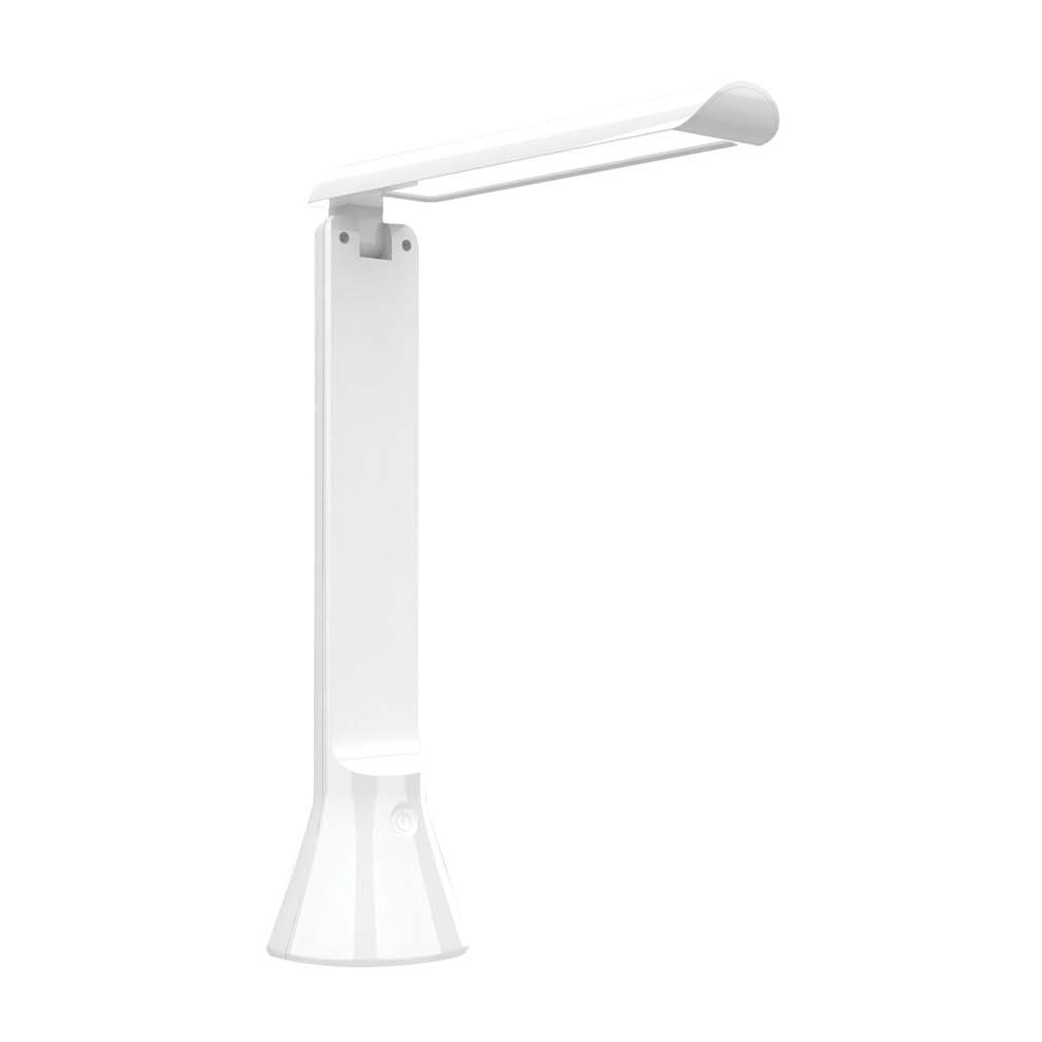 Una lampada da scrivania bianca, in piedi con un lungo stelo e una luce piatta.