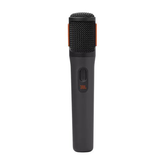 Turuncu vurgulara sahip siyah bir JBL mikrofon. Bir güç düğmesi var ve JBL logosu görünür.