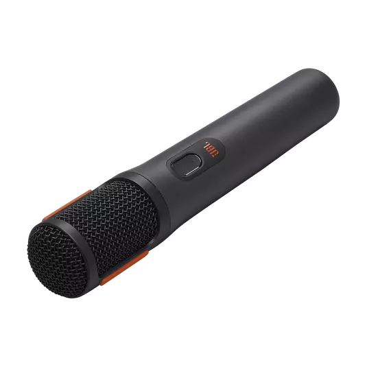 Taban yakınında turuncu bir vurgu ve siyah bir arka planı olan siyah bir JBL mikrofonu.