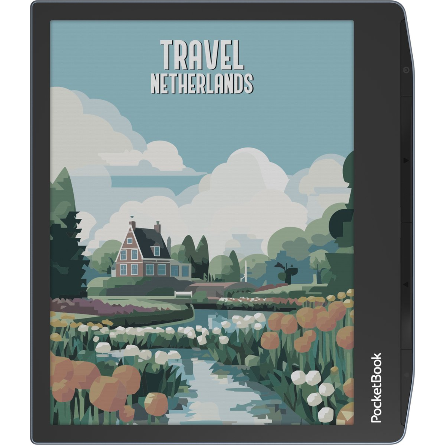 E-reader displays a Netherlands scene. House, water, flowers, and sky with 'TRAVEL NETHERLANDS' text.
