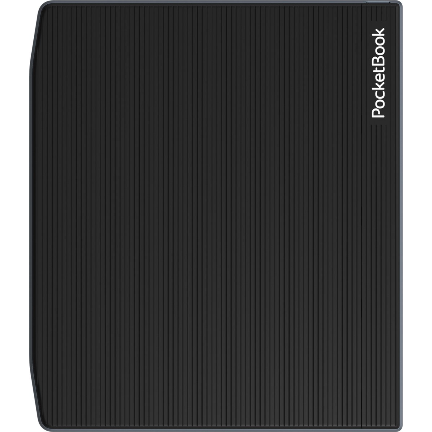 Black PocketBook e-reader, showing a textured surface with vertical lines, and the brand name on the side.