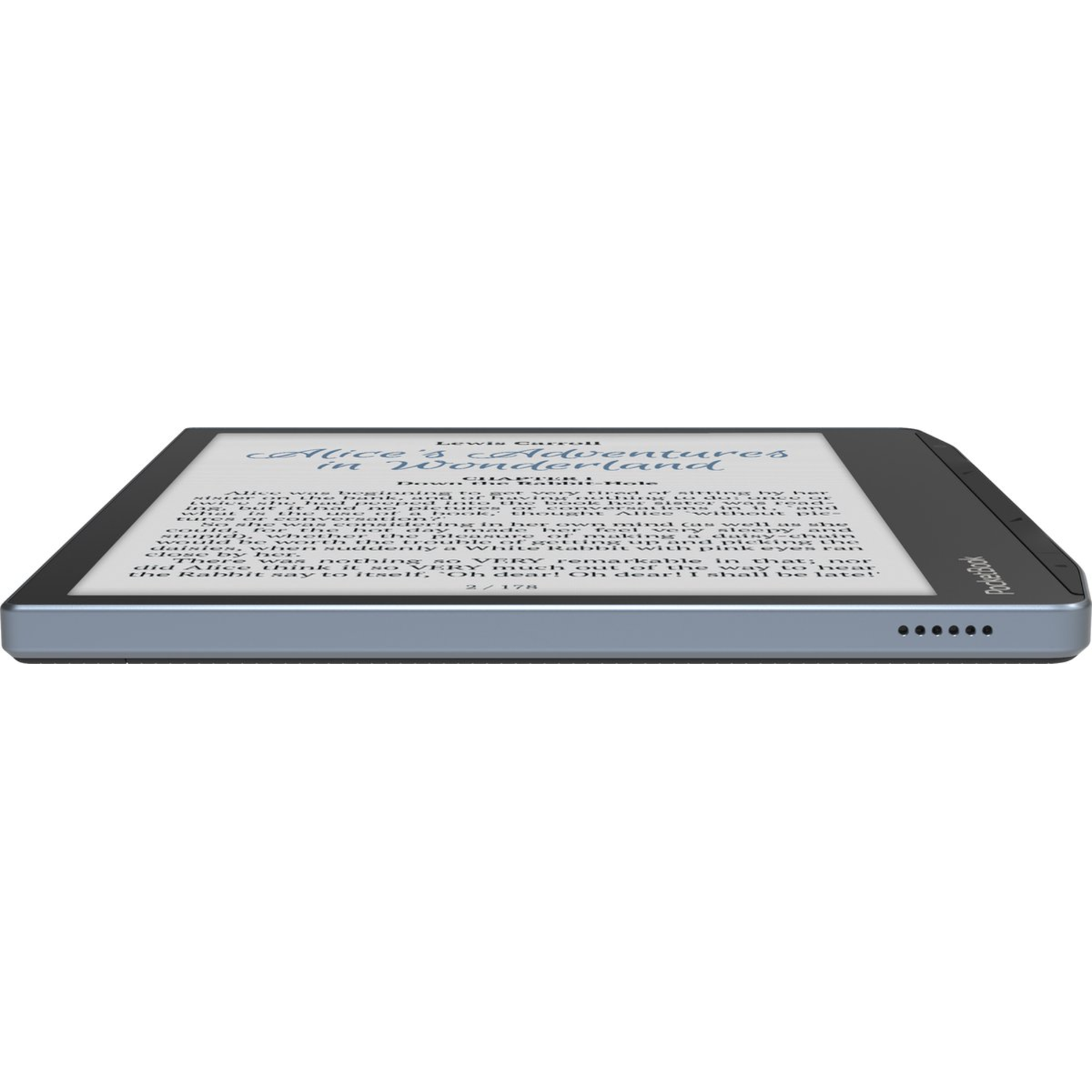 An e-reader displaying the text of 'Alice's Adventures in Wonderland' on screen. The device is grey.