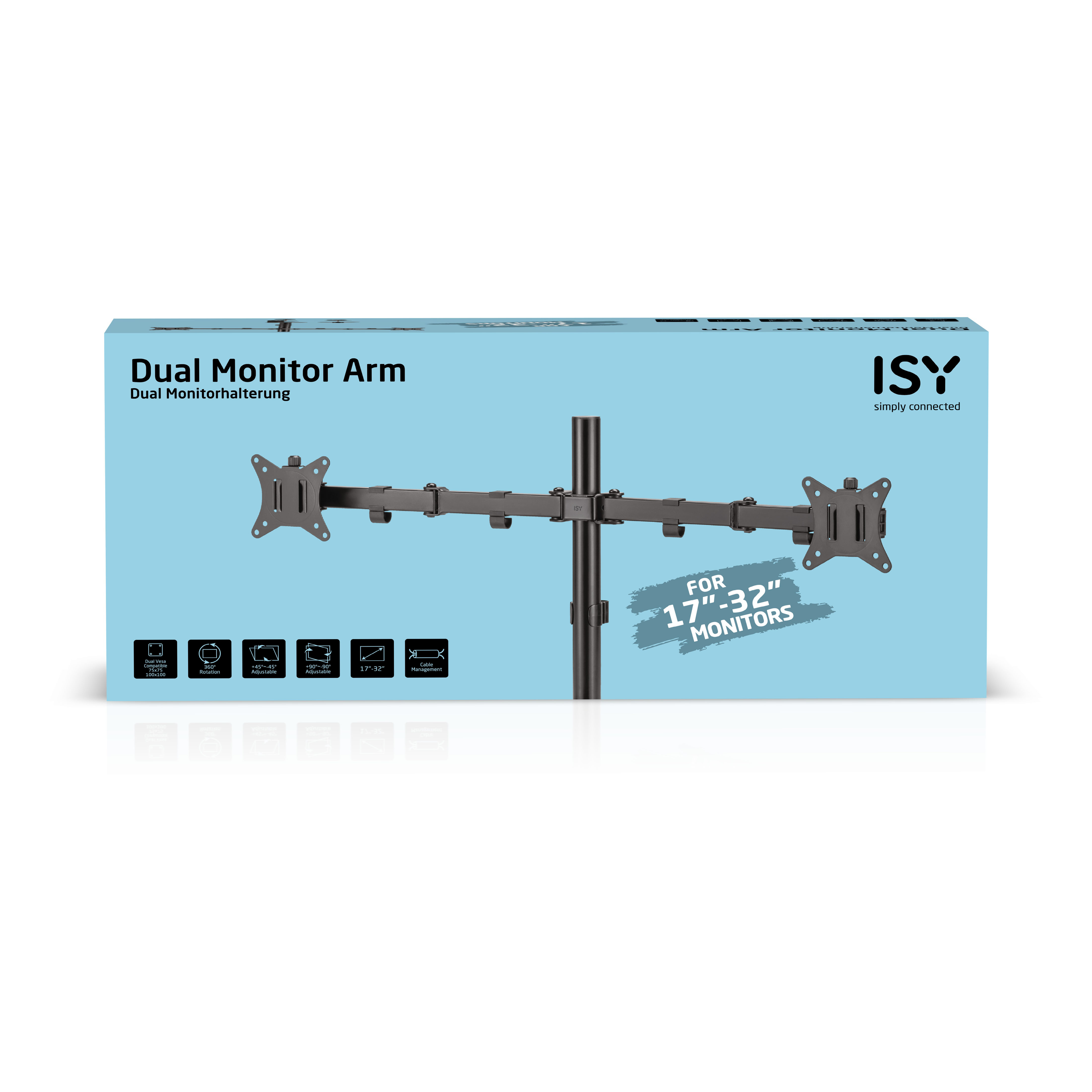Box eines Dual Monitor Arms, mit schwarzem Arm und zwei Monitorhalterungen auf blauem Hintergrund.