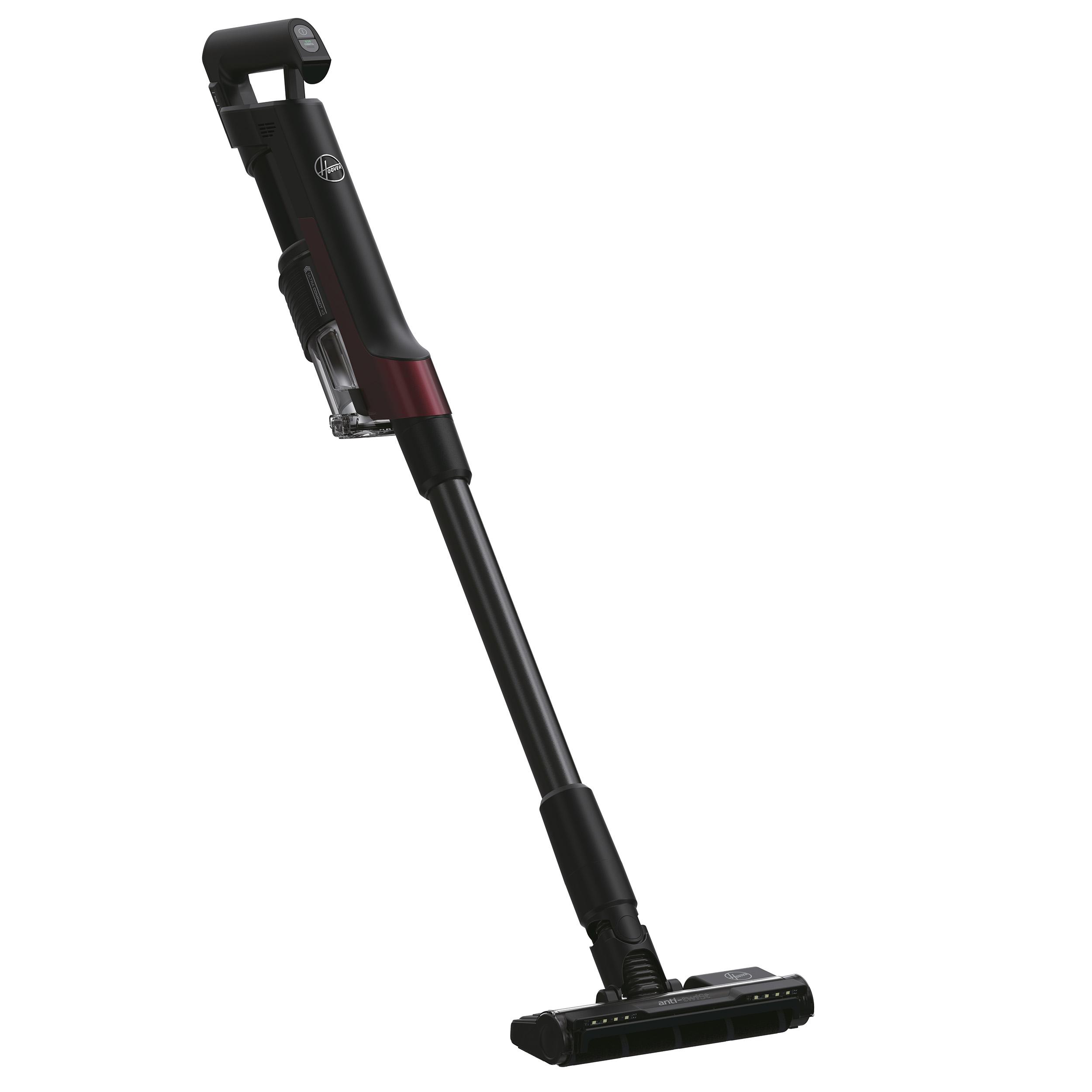 Schwarzer und roter kabelloser Hoover-Staubsauger. Er steht aufrecht vor weißem Hintergrund.