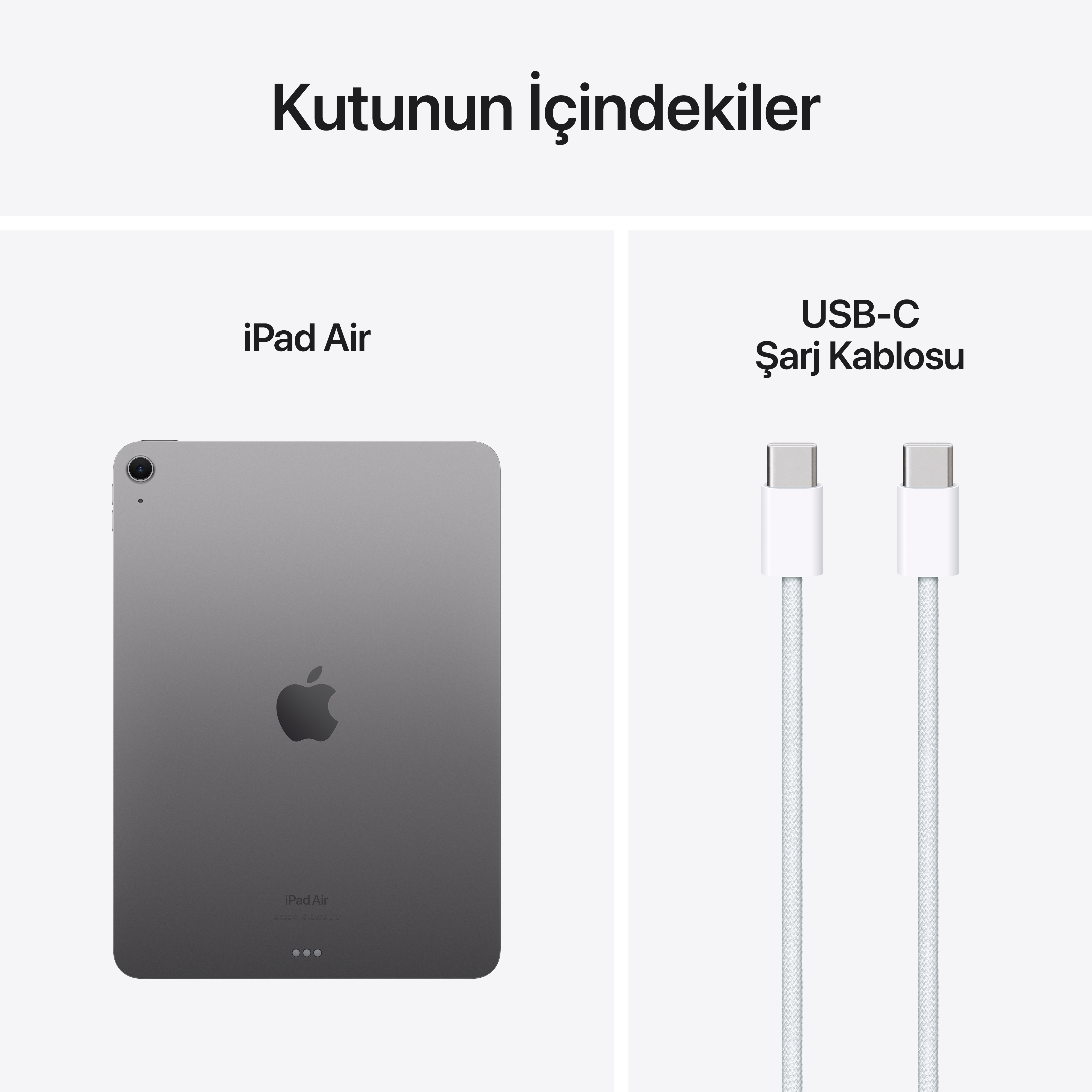 Bir iPad Air ve bir USB-C şarj kablosu. iPad gri ve kablo beyaz.
