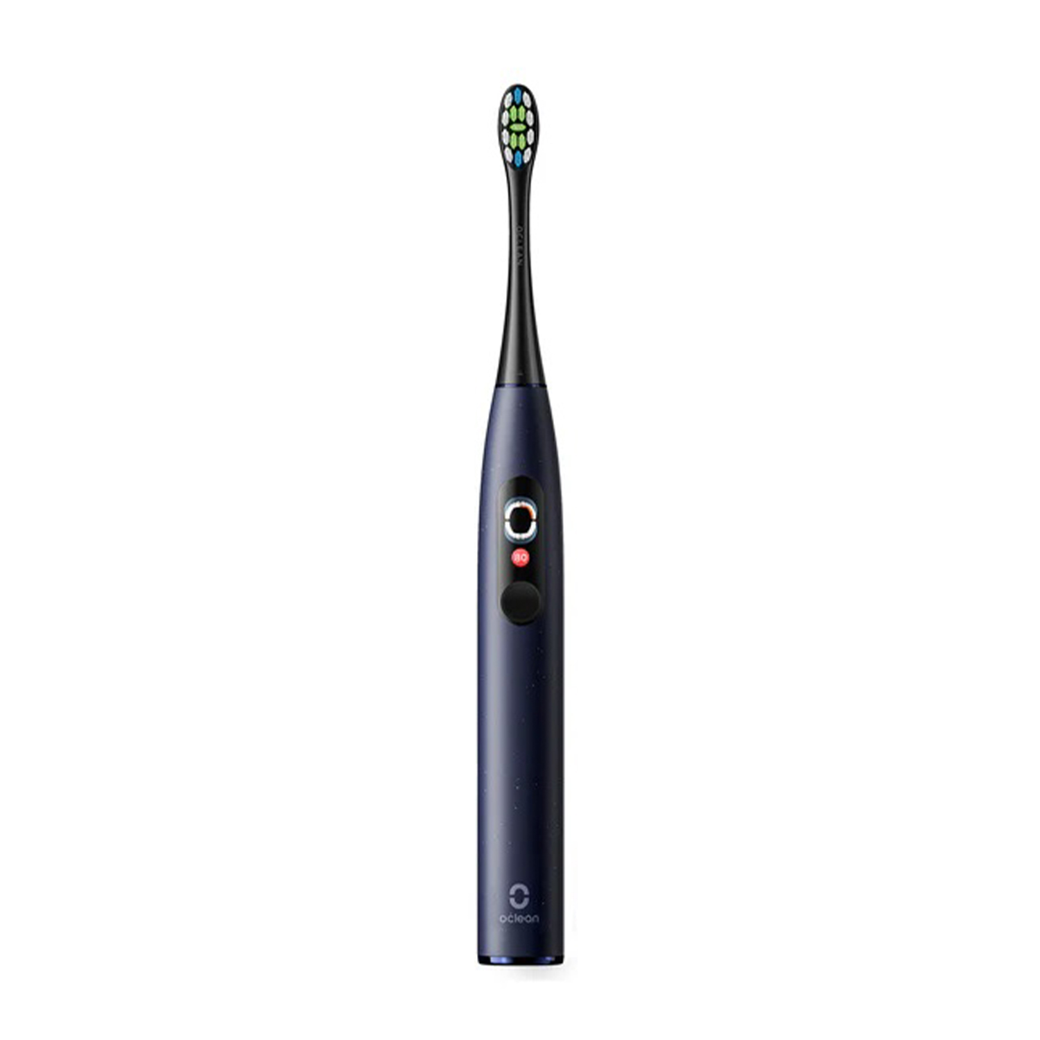 Uno spazzolino elettrico blu con manico nero e testina a setole multicolore.