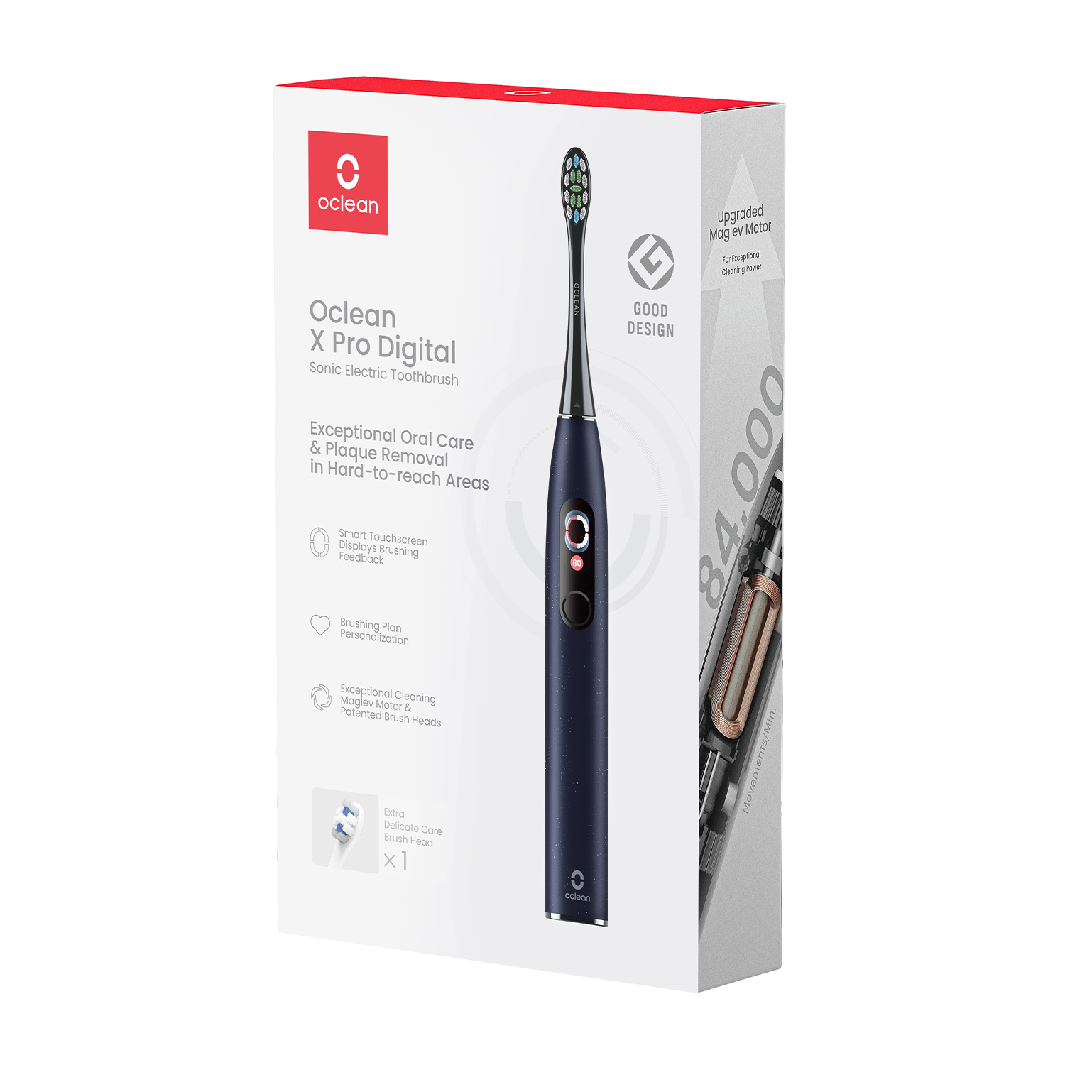 Spazzolino elettrico Oclean X Pro Digital nella sua scatola. Design nero e oro.