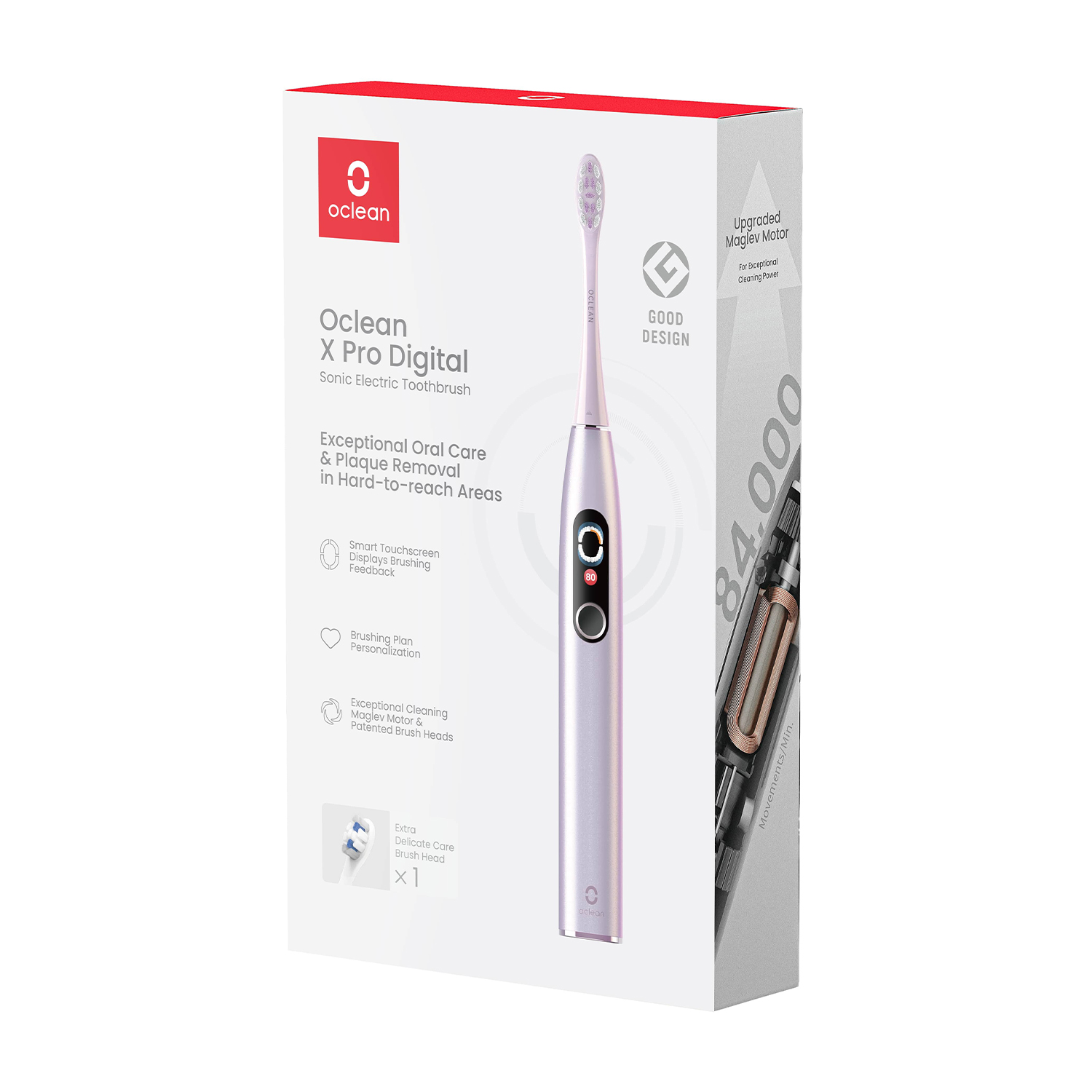 Spazzolino Oclean X Pro Digital in una scatola. Spazzolino rosa, testo e icone su sfondo bianco.