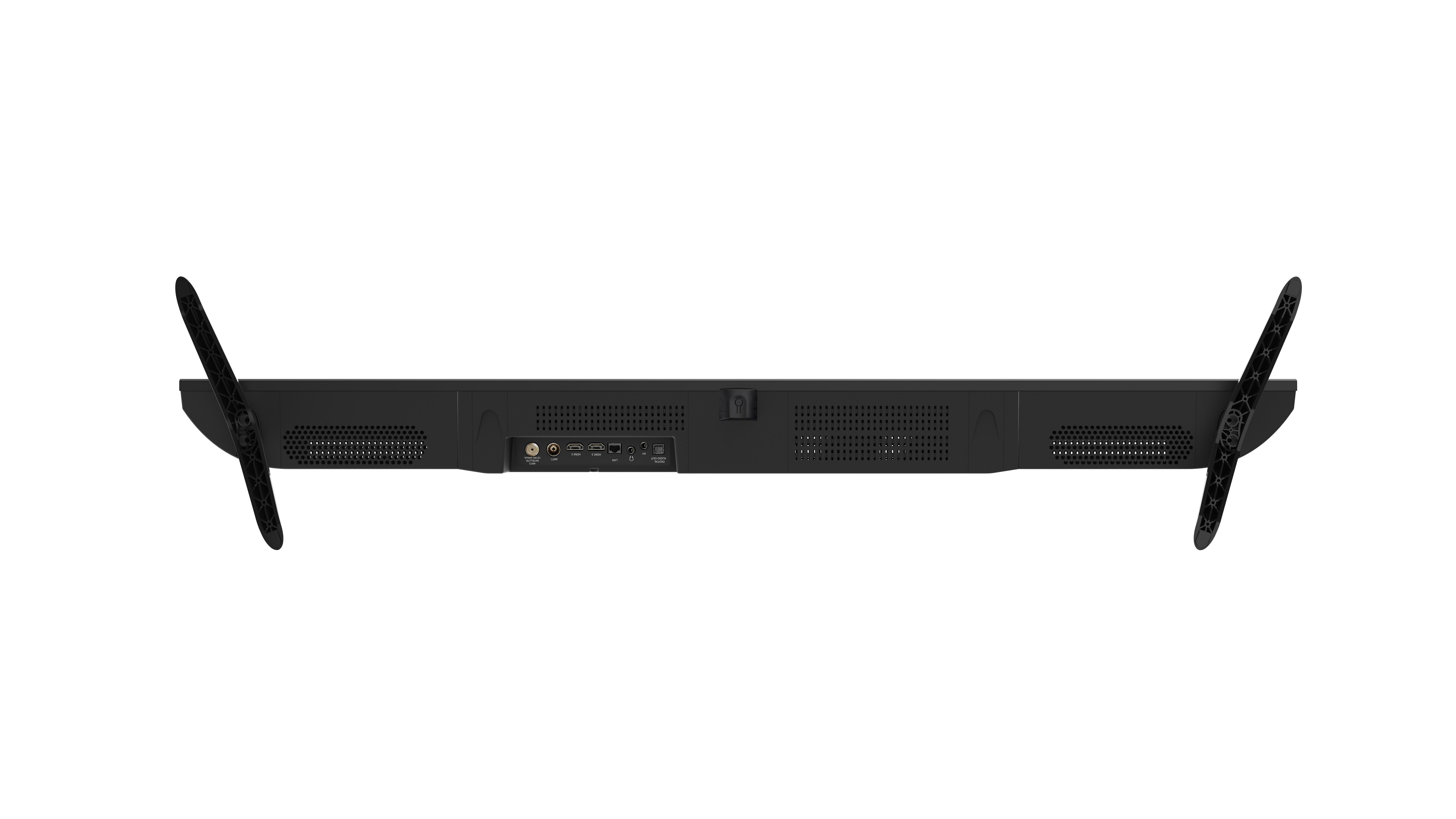 Die Rückseite eines schwarzen Fernsehers mit Anschlüssen und Anschlüssen, mit den Ständern.