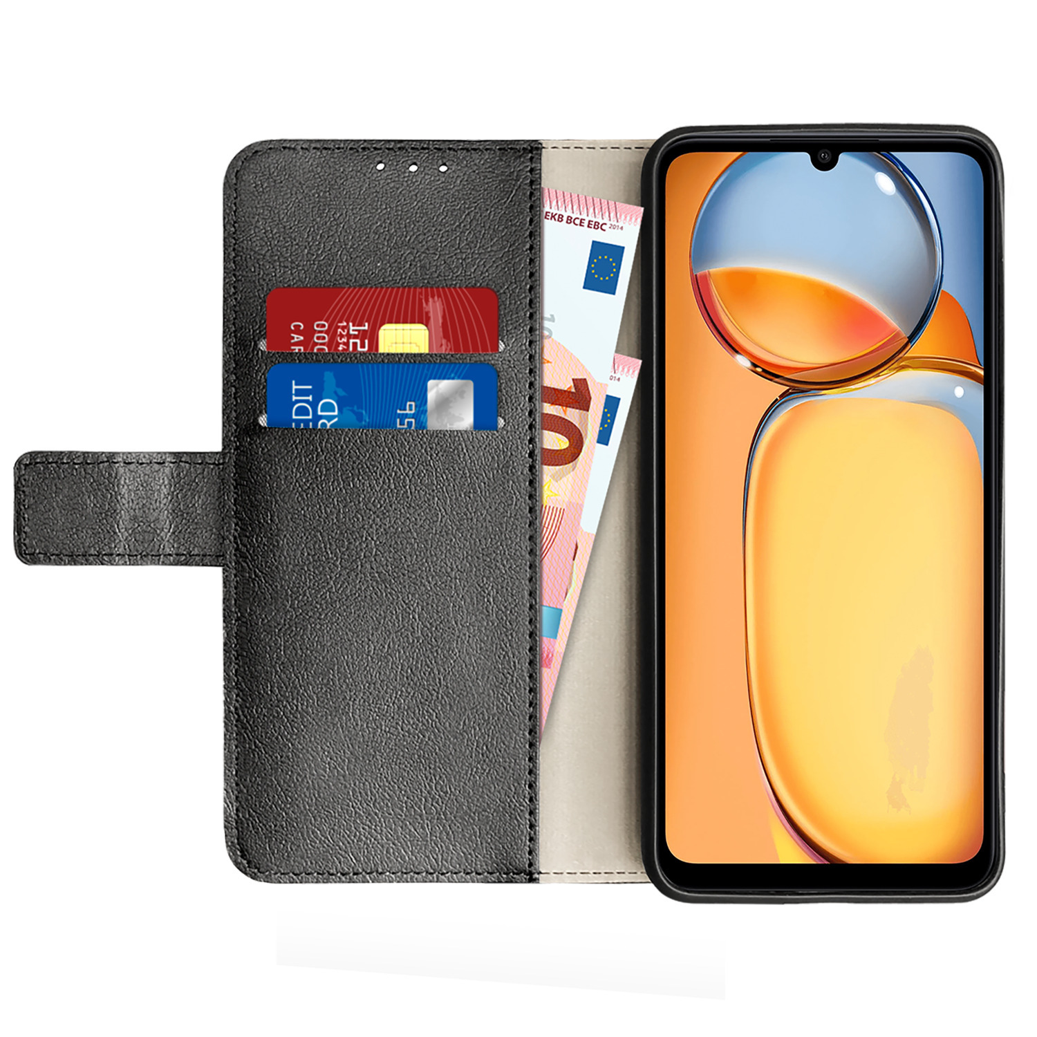 Een zwarte telefoonhoes met creditcards, contant geld en een smartphone.