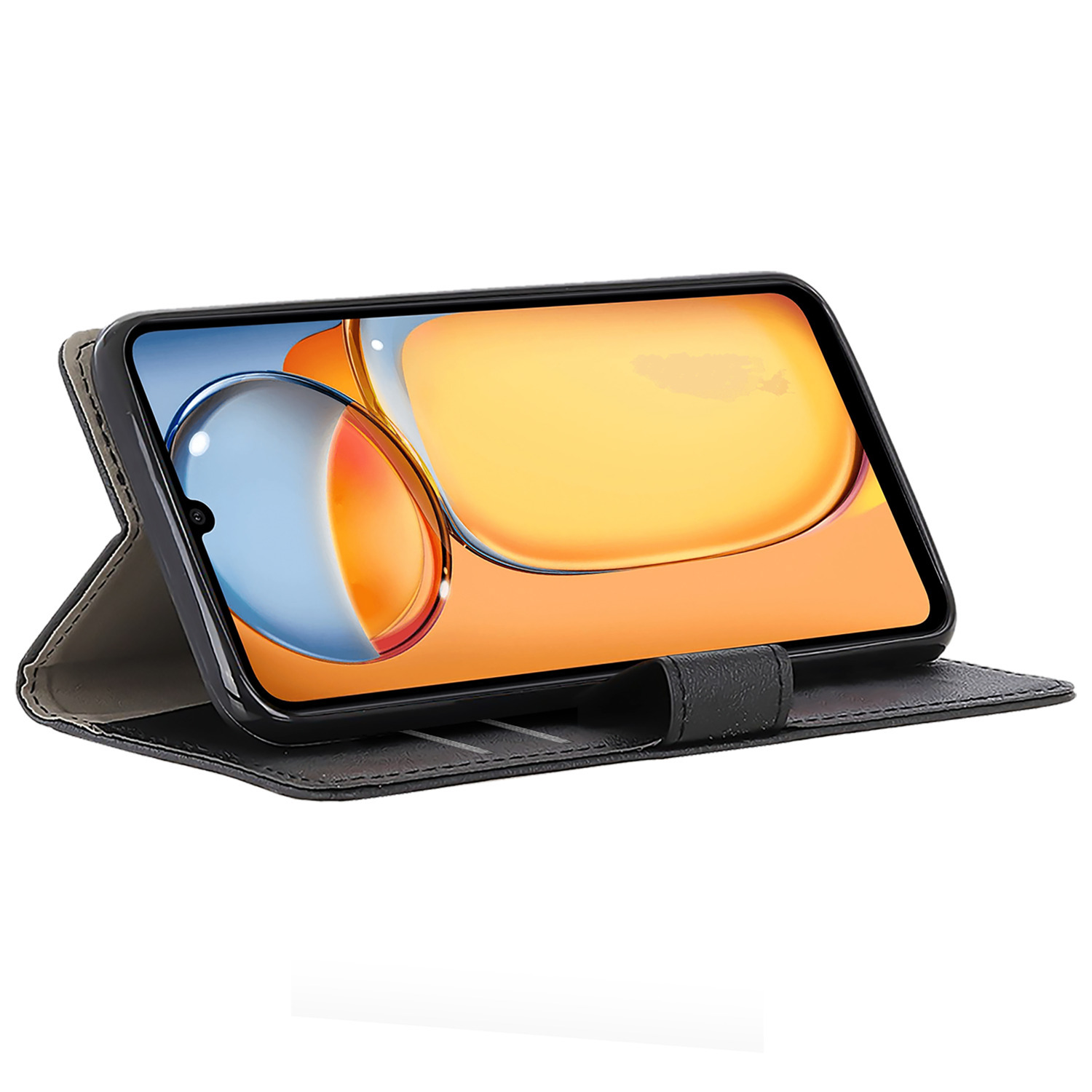 Een telefoon in een open hoes. Het scherm toont een abstract ontwerp van oranje en blauw.