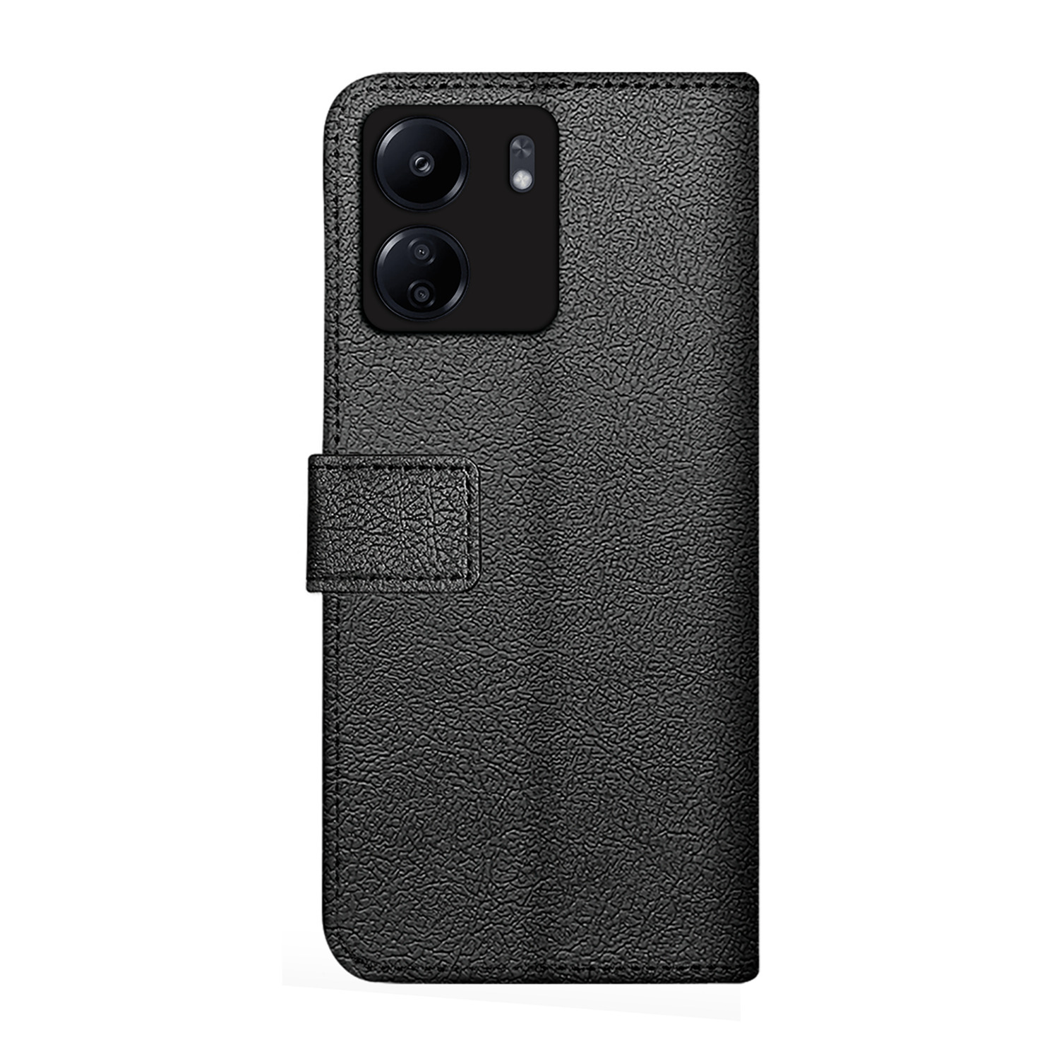 Zwarte leren telefoonhoes in portemonneestijl met uitsparingen voor dubbele camera en een magnetische sluiting.