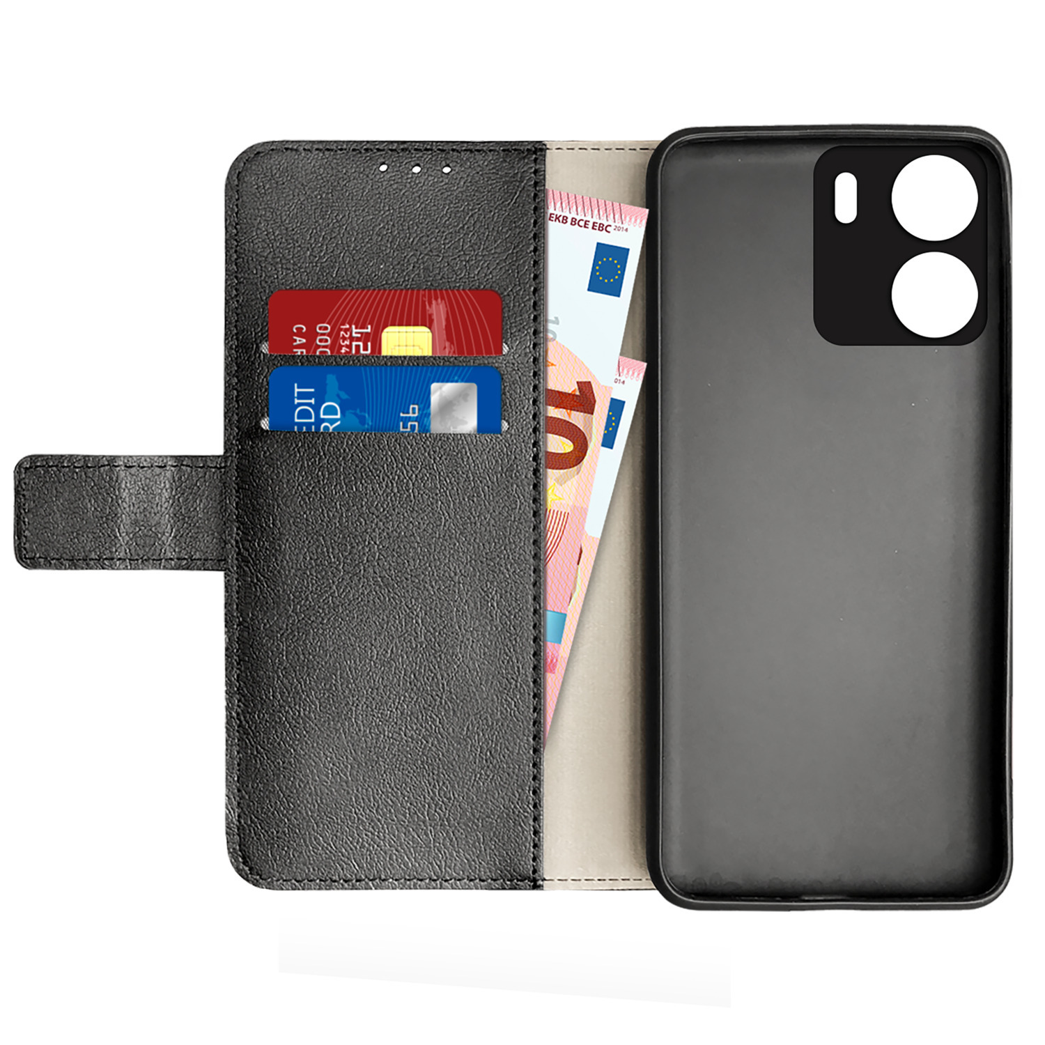 Zwarte telefoonhoes, open, met kaarten en geld erin. De telefoon staat rechts.