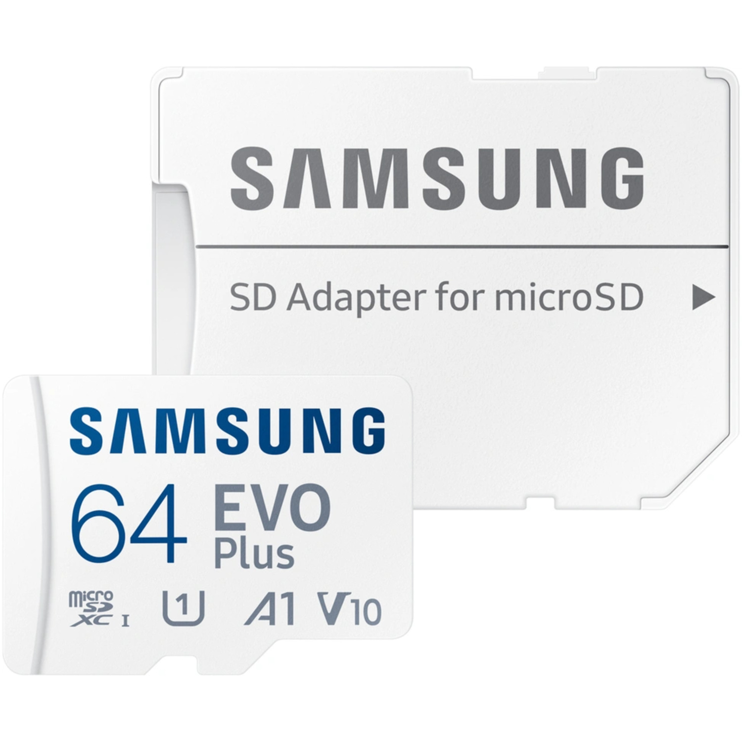 Samsung 64 EVO Plus microSD card and SD adapter. White card, blue text. White background.