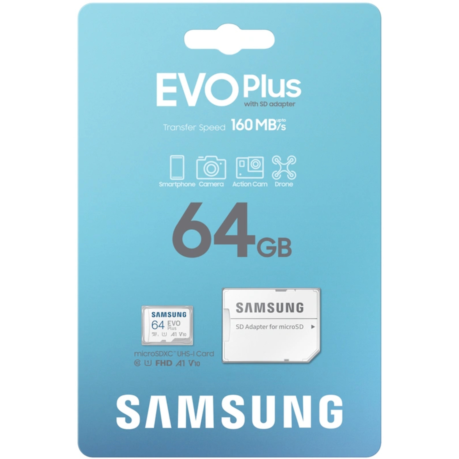 A package for a 64GB Samsung EVO Plus microSD card with an SD adapter, showing the product and branding.
