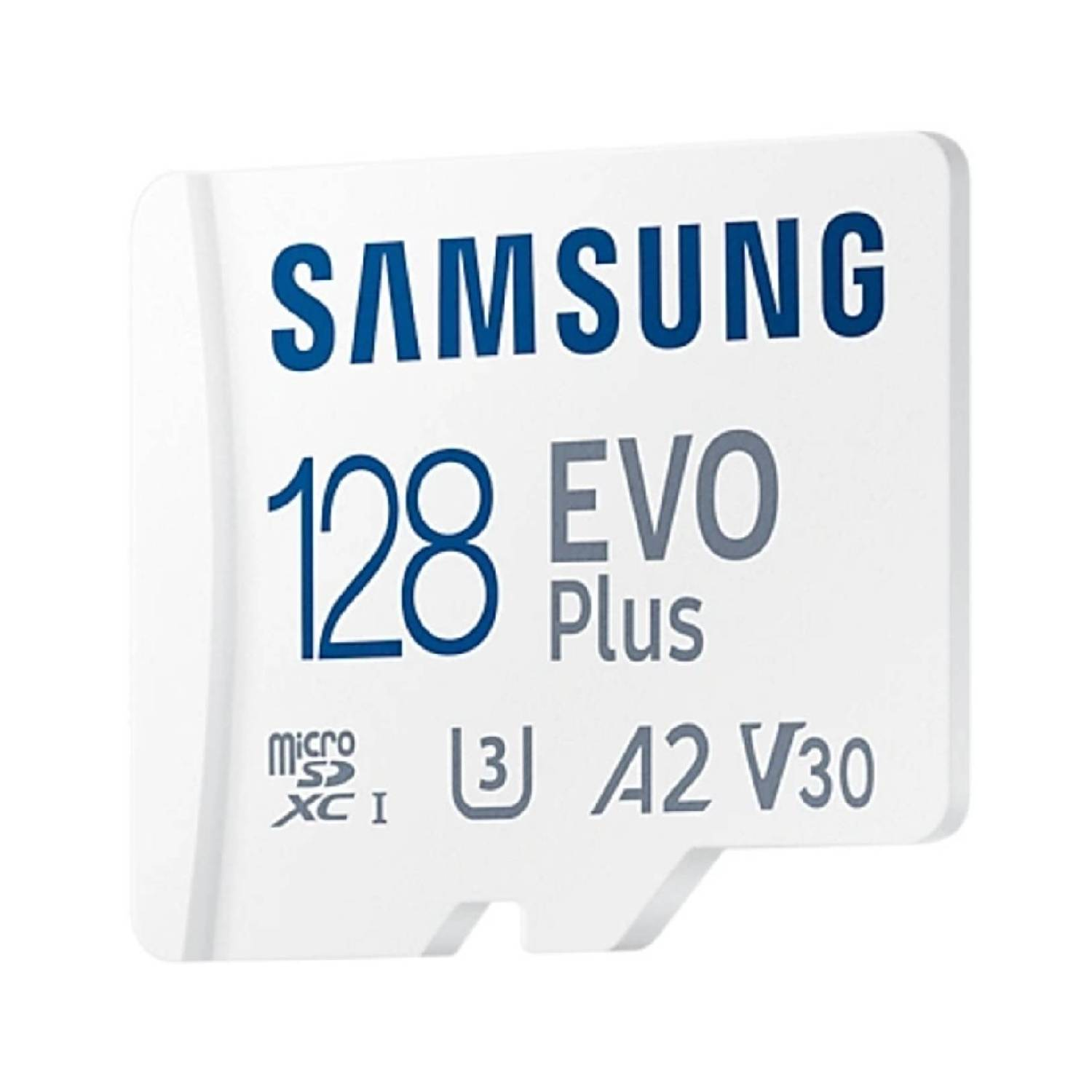 White Samsung 128 EVO Plus micro SD card, with text and symbols on the card.