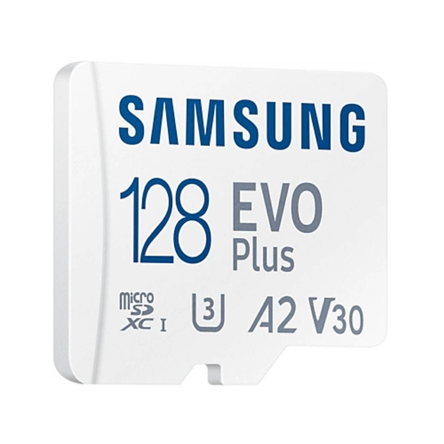 A white micro SD card. Text: "SAMSUNG 128 EVO Plus". Other markings are visible. It is on a white background.
