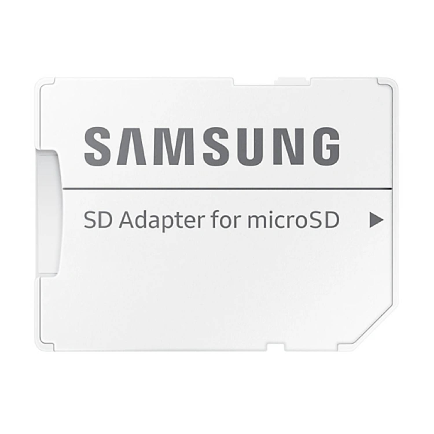 A white SD adapter for a microSD card, with the Samsung logo and text.