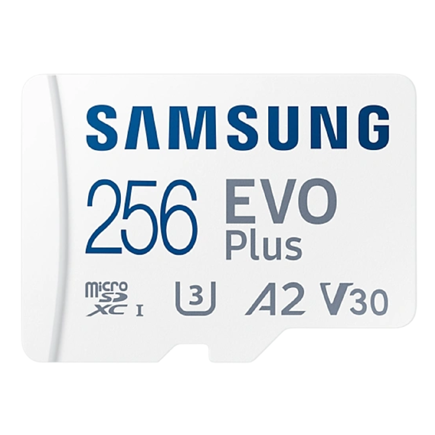 Une carte microSD blanche. La carte contient le texte : SAMSUNG, 256 EVO Plus et d'autres étiquettes.